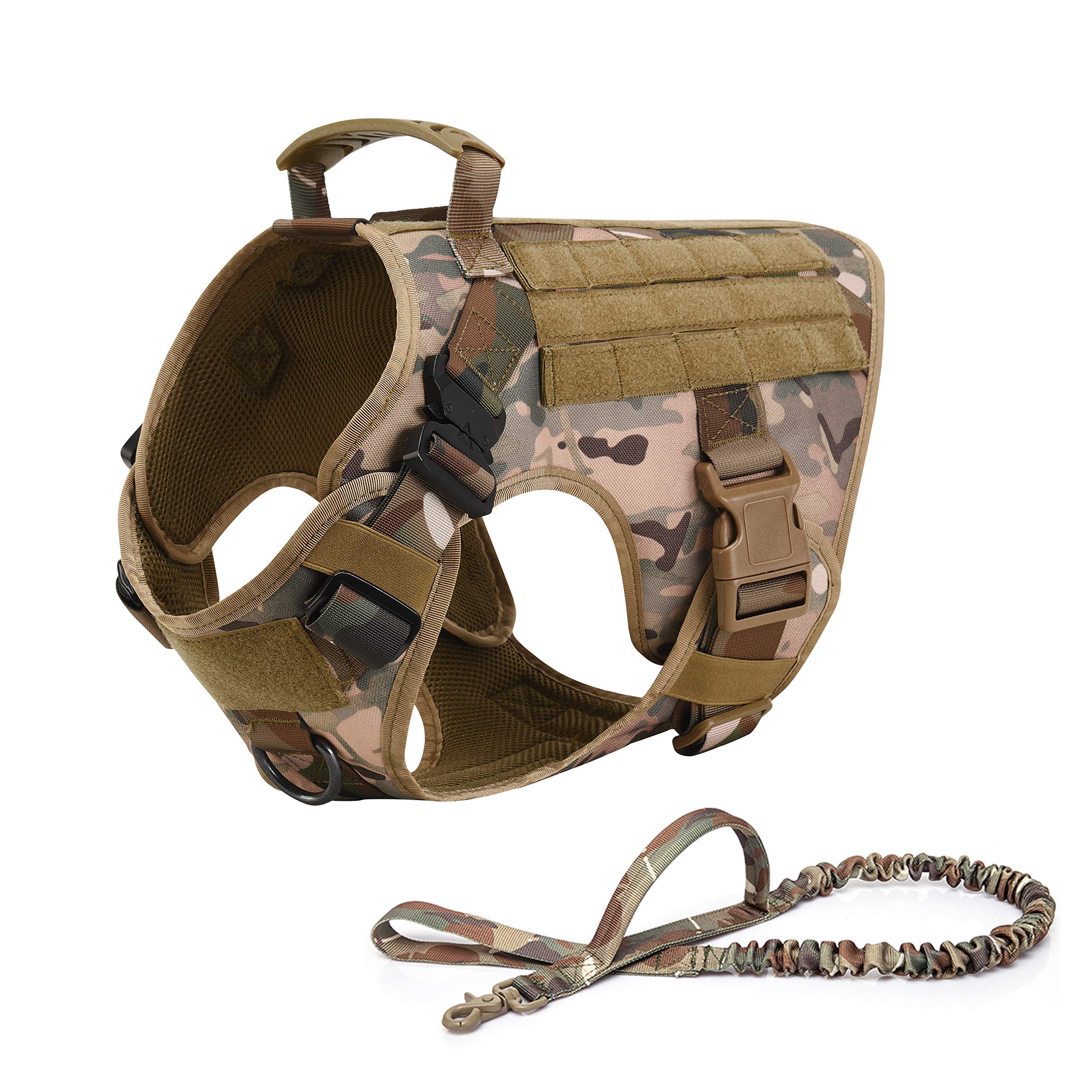 Military Tactical Dog Harness Vest with Handle - Heavy Duty Molle Vest for Training & Service Dogs - Adjustable Metal Buckles & Loop Panels - Medium Size Camouflage with Leash - Perfect for Outdoor Adventures, Police K9 Training & Search & Rescue Missions
