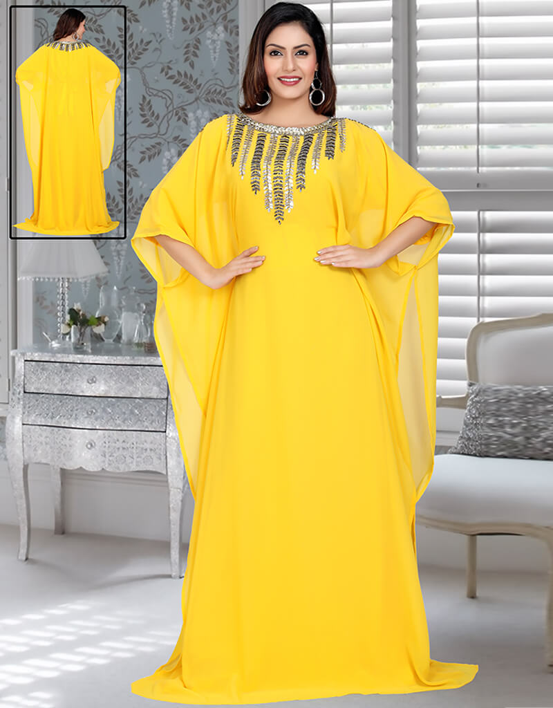 Elegant Arabic Yellow Georgette Farasha Dress for Women - Perfect for Work, Parties & Special Occasions