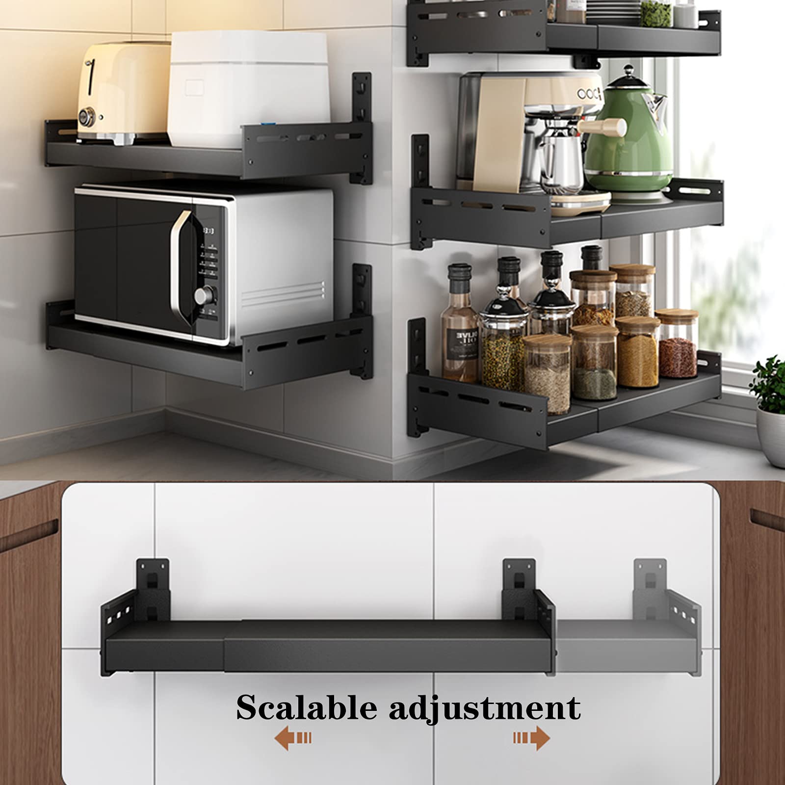 Universal Adjustable Stainless Steel Microwave Oven Rack - Wall Mounted Retractable Kitchen Storage Shelf for Microwave & Oven | Space-Saving Solution for Small Kitchens & Countertop Organization