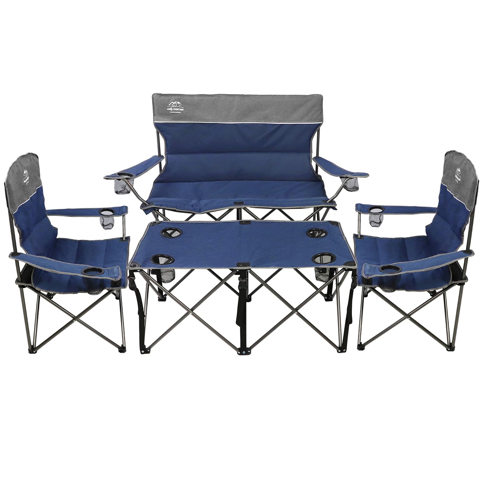 LANMOUNTAIN 4-Piece Portable Camping Chair Set with Side Table & Cup Holders - Heavy Duty Folding Lawn Chairs for Outdoor, Picnic, Beach, Backyard, and Tailgating - Comfortable Loveseat Design Perfect for Family Gatherings, Camping Trips, and Outdoor Events