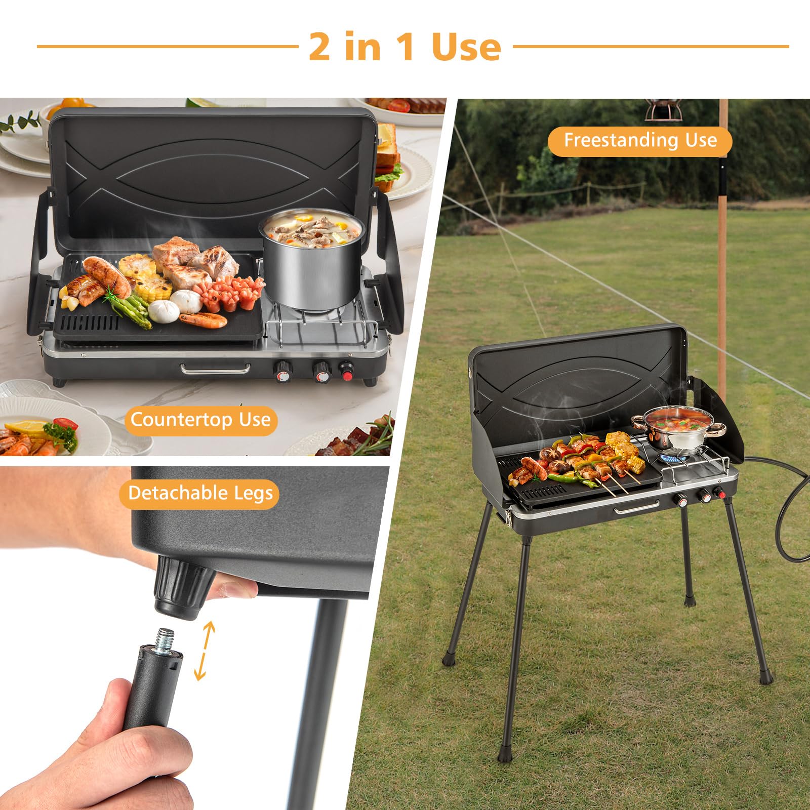2-Burner Propane Camping Stove - Portable Outdoor Grill with Detachable Legs & Wind Screen - 22,000 BTU High Power for Camping, BBQ, Picnics - Perfect for Backpacking, Tailgating & RV Trips - Black