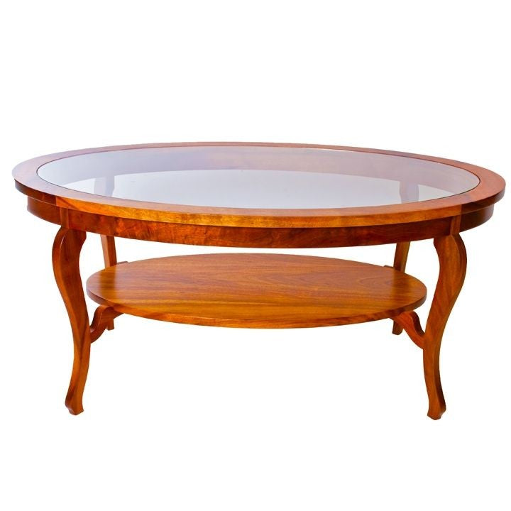 Modern Oval Coffee Table with Tempered Glass Top & Solid Koa Wood Shelf - Perfect for Living Room, Lounge, or Office Decor