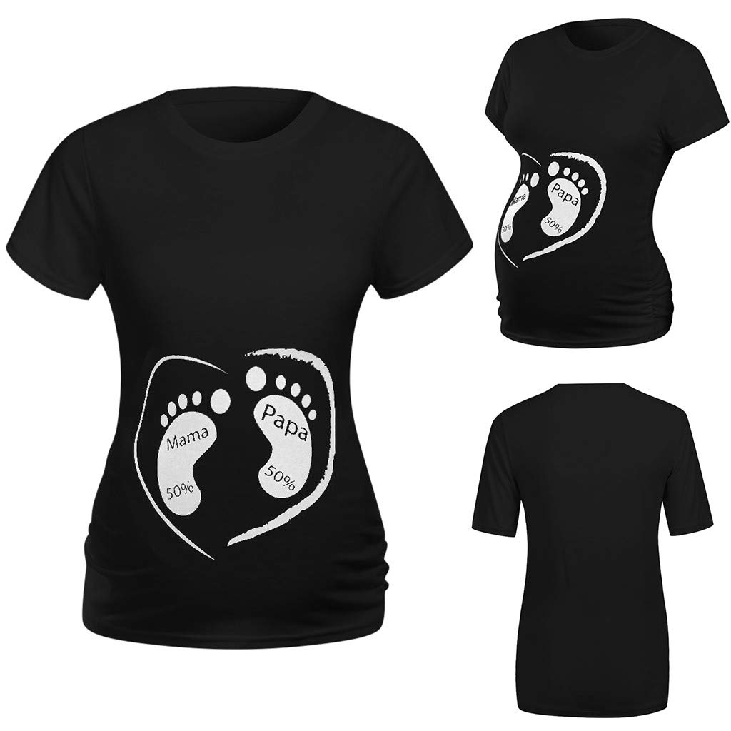 Funny Footprints Maternity T-Shirt - Short Sleeve Side Ruched Pregnancy Top for Women | Comfortable Casual Tee for Expecting Moms | Perfect for Pregnancy Photos, Baby Showers & Everyday Wear