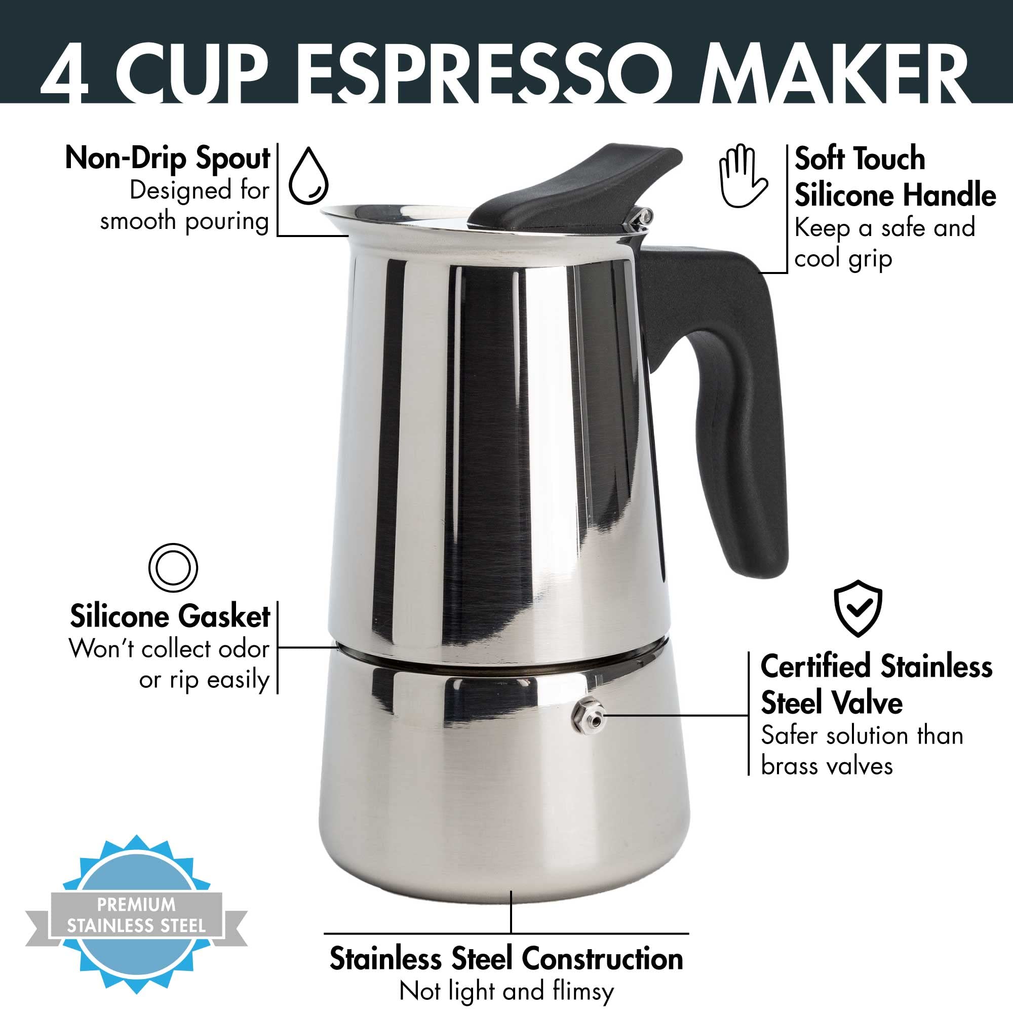 Primaria Stainless Steel Stovetop Espresso Maker - 4 Cup Moka Pot for Italian Coffee - 3.5