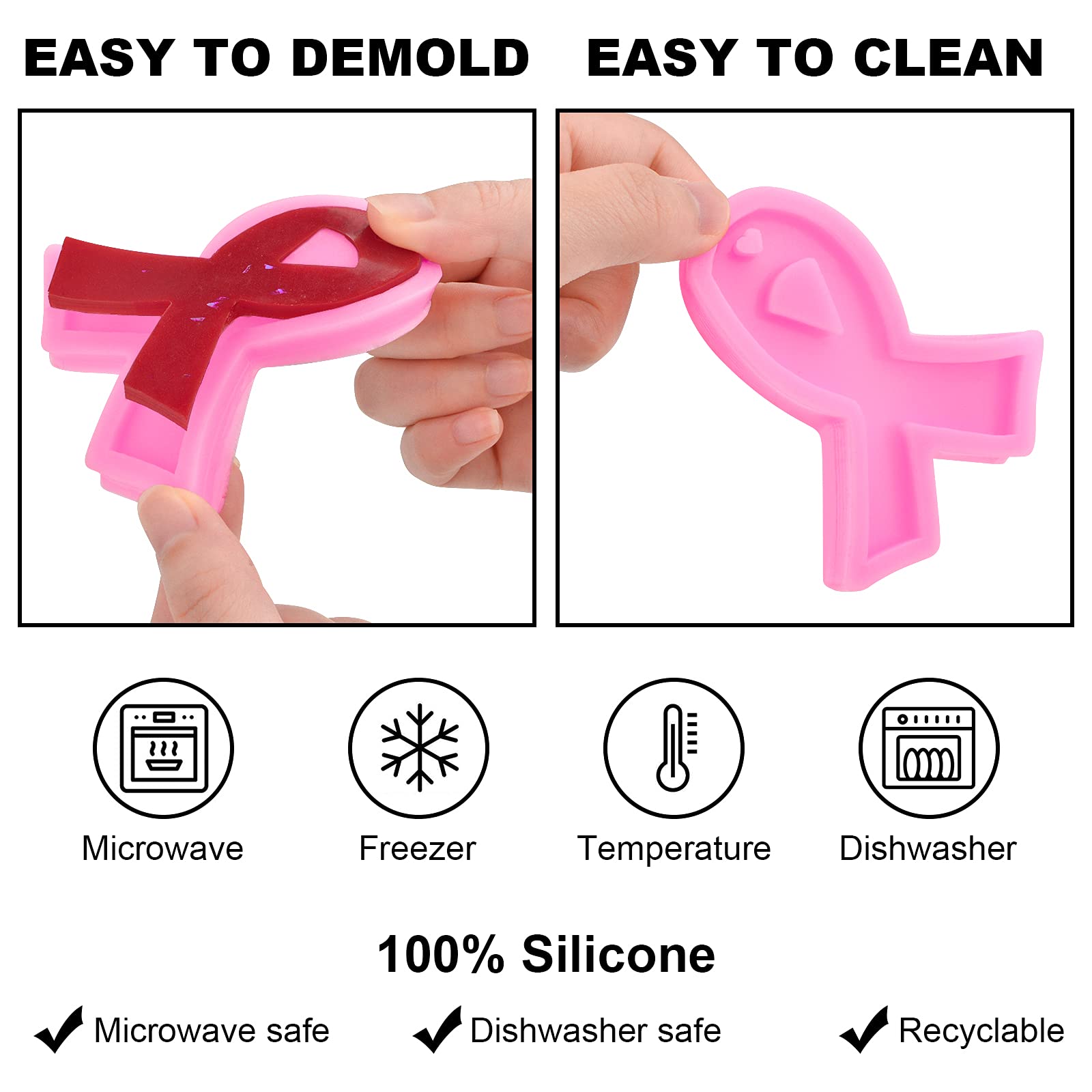 WANDIC Breast Cancer Awareness Ribbon Mold Set - 2 Pink Ribbon Keychain Molds with 30 Key Rings for DIY Jewelry Making, Clay Crafts | Perfect for Charity Events, Fundraisers & Awareness Activities