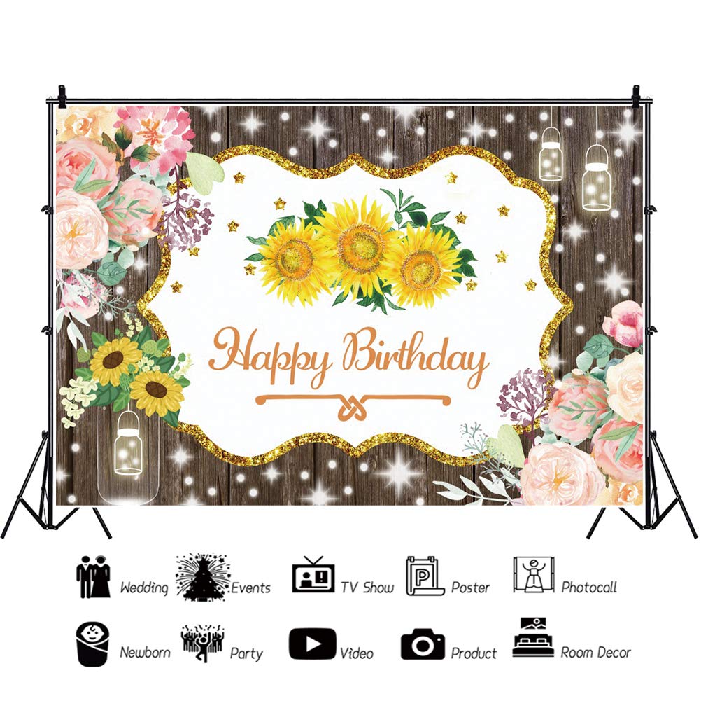 9x6ft Sunflower Happy Birthday Photography Backdrop - Rustic Wood Floor with Pink Flowers & Glitter Spots - Perfect for Birthday Parties, Baby Showers, Cake Tables & Photo Studio Props