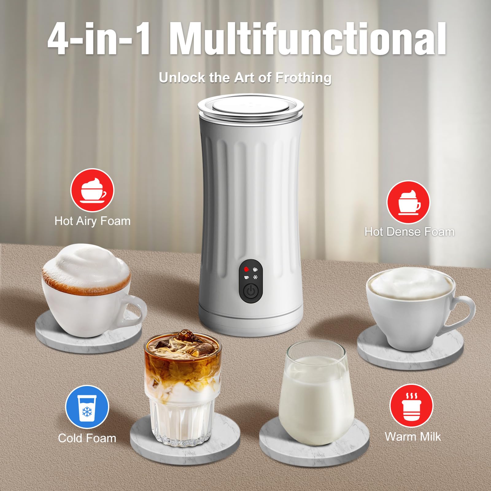 Electric Milk Frother & Steamer - 4-in-1 Automatic Warm & Cold Foam Maker (8.1oz/240ml) for Latte, Cappuccino, Macchiato - Perfect for Home Coffee Bars, Office Use & Gift Giving (White, Model SS-001)