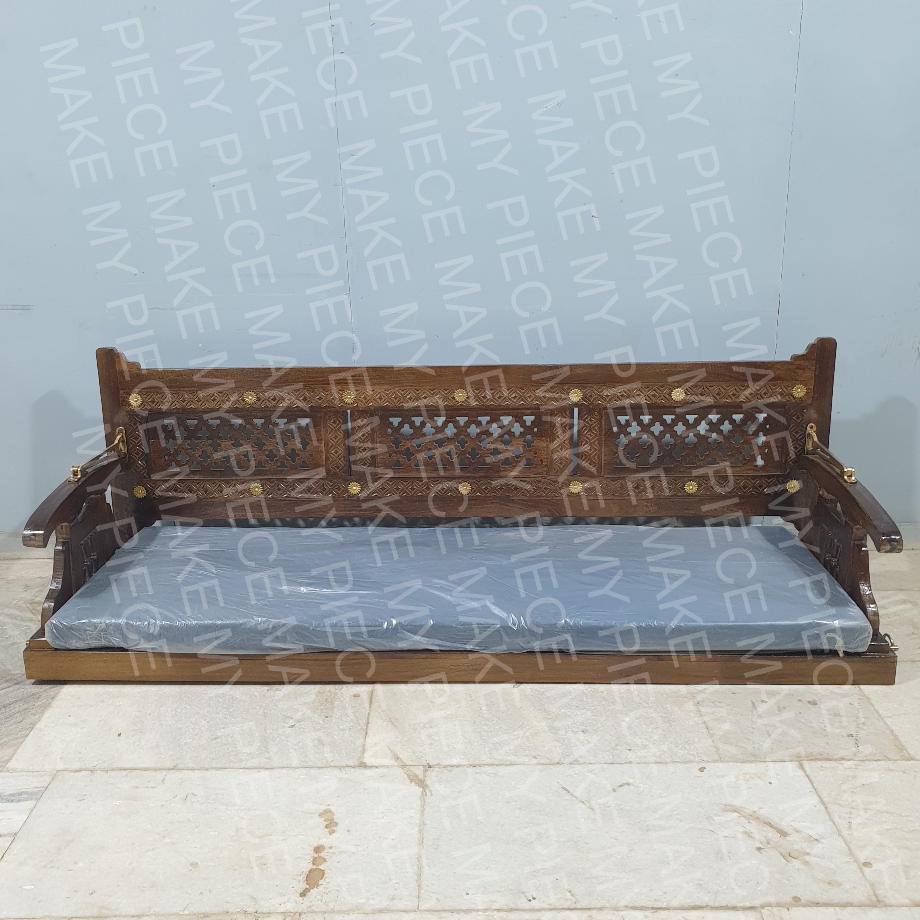 Handcrafted Indian Solid Wood Double-Sided Swing with Chains - Brown Finish for Garden, Patio, or Backyard Relaxation