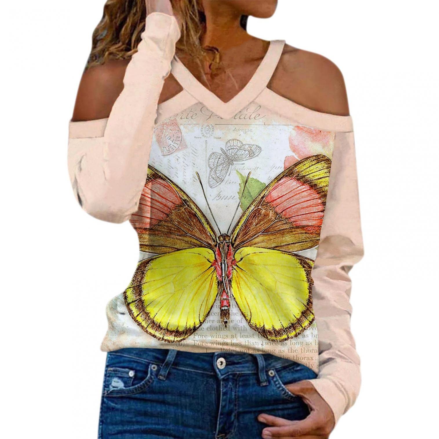 Trendy Women's Cold Shoulder T-Shirts - Casual Loose Halter Neck Graphic Long Sleeve Tees for Everyday Wear, Street Style & Party Outfits