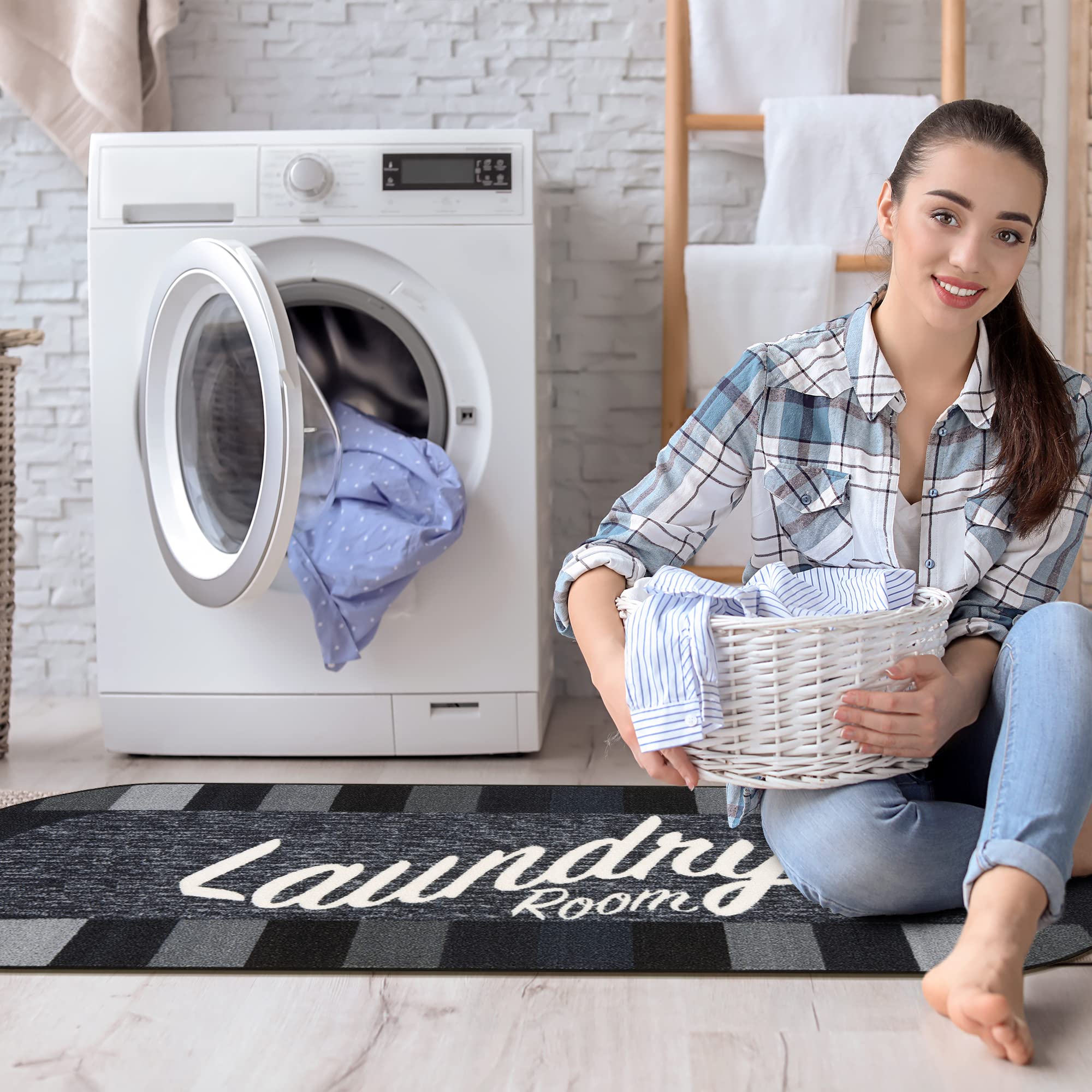 Non-Slip Rubber Backed 2x5 Laundry Runner Rug - Machine Washable Checkered Border Bath Mat for Laundry Room, Bathroom & Washroom (20