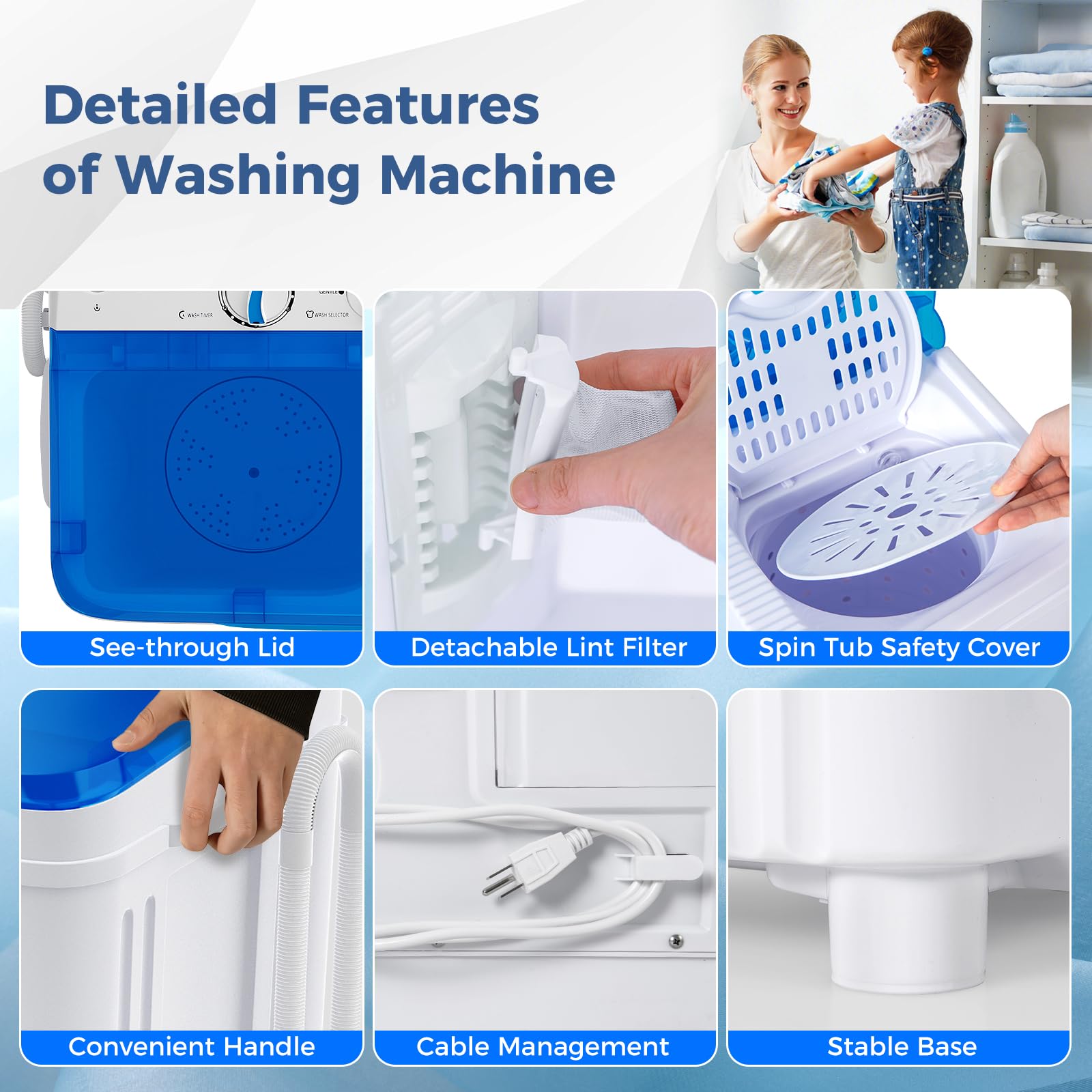 Giantex Portable Twin Tub Washing Machine 17.6lbs Compact Washer & Spinner Combo with Pump Drain - 11lbs Wash & 6.6lbs Spin Capacity - Ideal for Apartments, RVs, Dorms & College Students (White & Blue) - Perfect for Small Spaces & Travel Laundry Needs