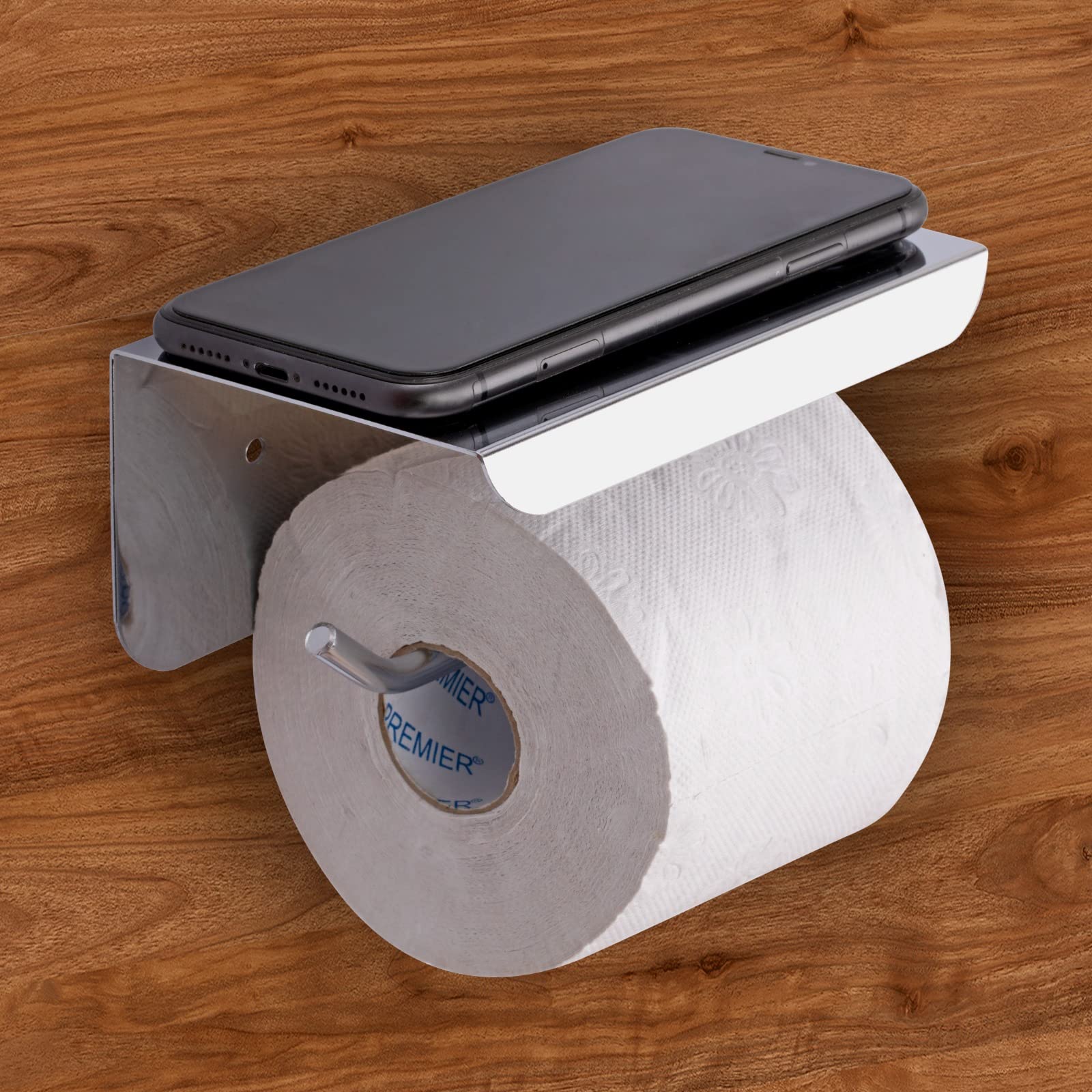 Stainless Steel Toilet Paper Holder with Shelf - Self Adhesive & Wall Mount Bathroom Tissue Roll Holder, Mobile Stand - Nickel Chrome Finish for Modern Bathroom & Powder Room Organization