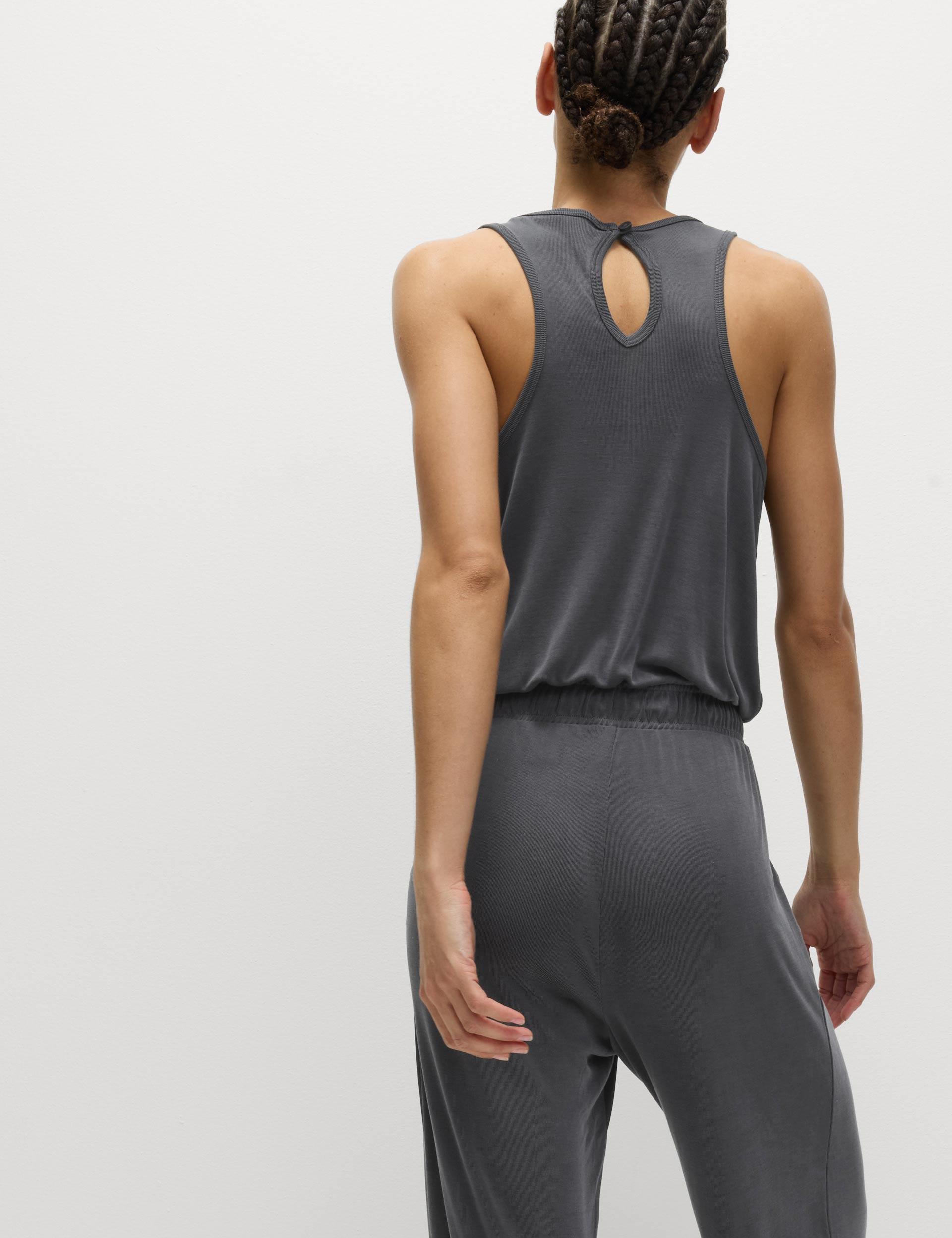 Modal Rich Ribbed Relaxed Jumpsuit for Women - Soft Stretchy Carbon Black Lounge Wear - Perfect for Yoga, Travel & Casual Outings