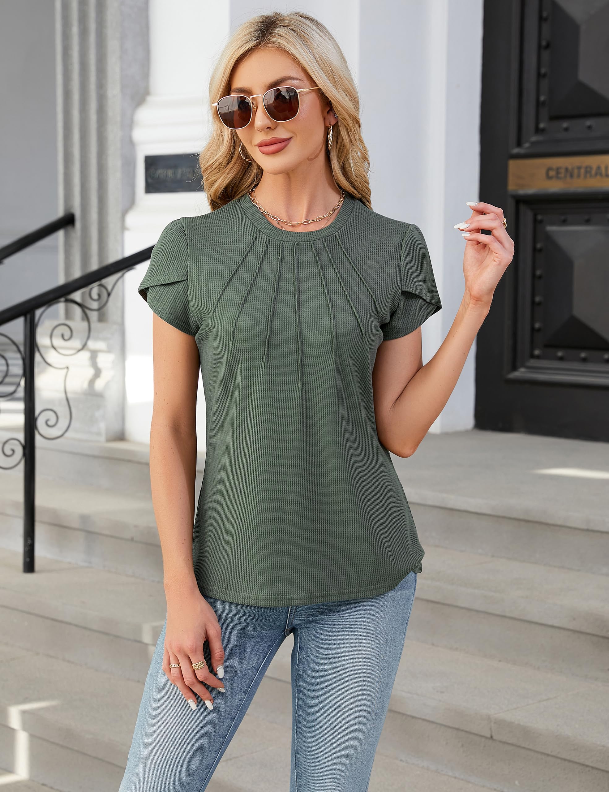 Blooming Jelly Women's Casual & Business Blouses - Summer Short Sleeve Crew Neck Waffle Knit Tops for Work, Office & Everyday Wear | Comfortable & Stylish Business Casual Shirts