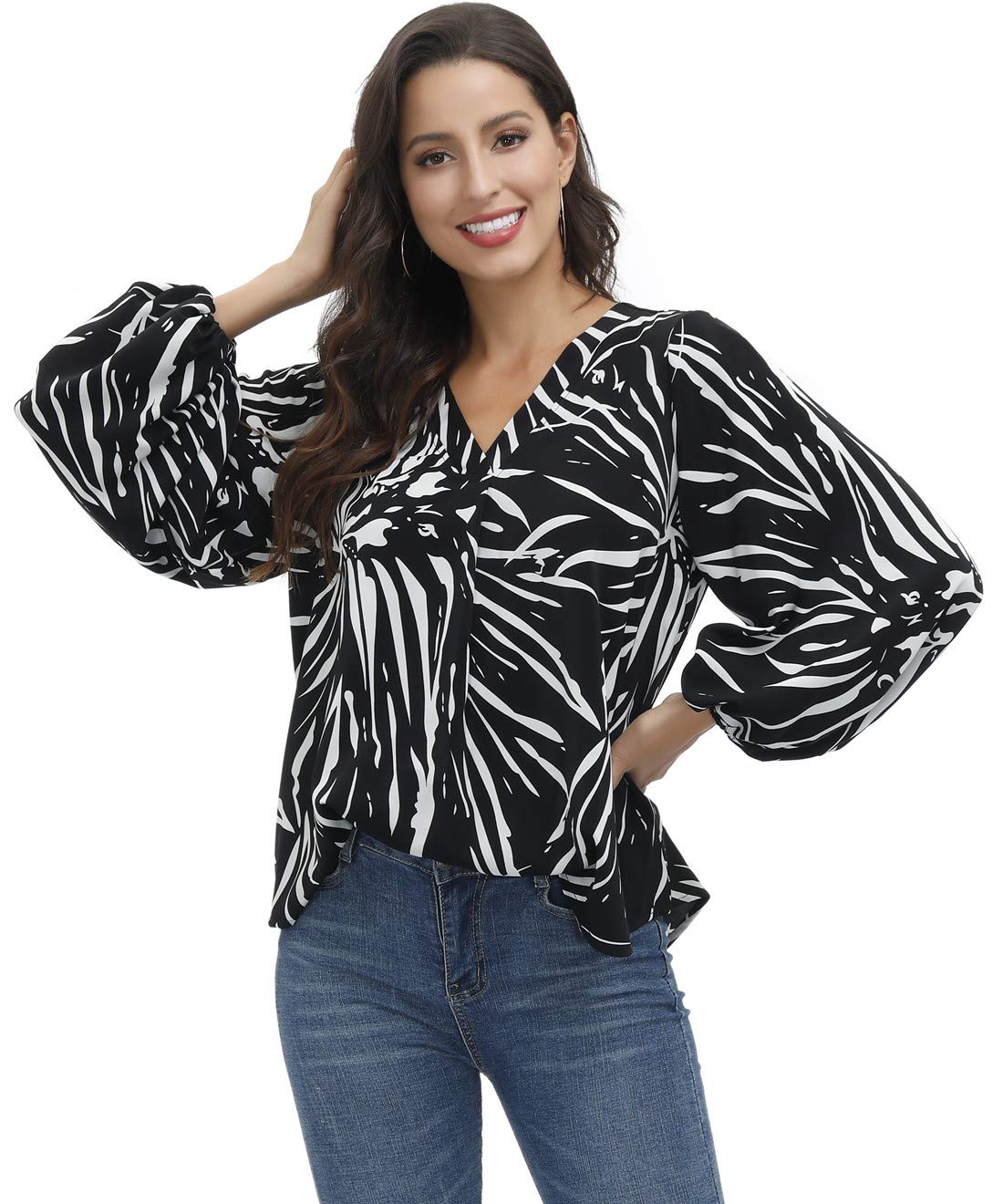 BUENOS NINOS Women's Elegant Balloon Sleeve Blouse - Floral Print V-Neck Loose Tunic Top for Casual Wear, Office & Date Nights