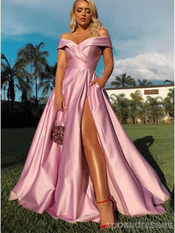 Elegant Pink A-Line High Slit Off-Shoulder Prom Dress for Women - Perfect for Homecoming, Prom Night & Formal Events - Long Evening Gown for Dances & Special Occasions