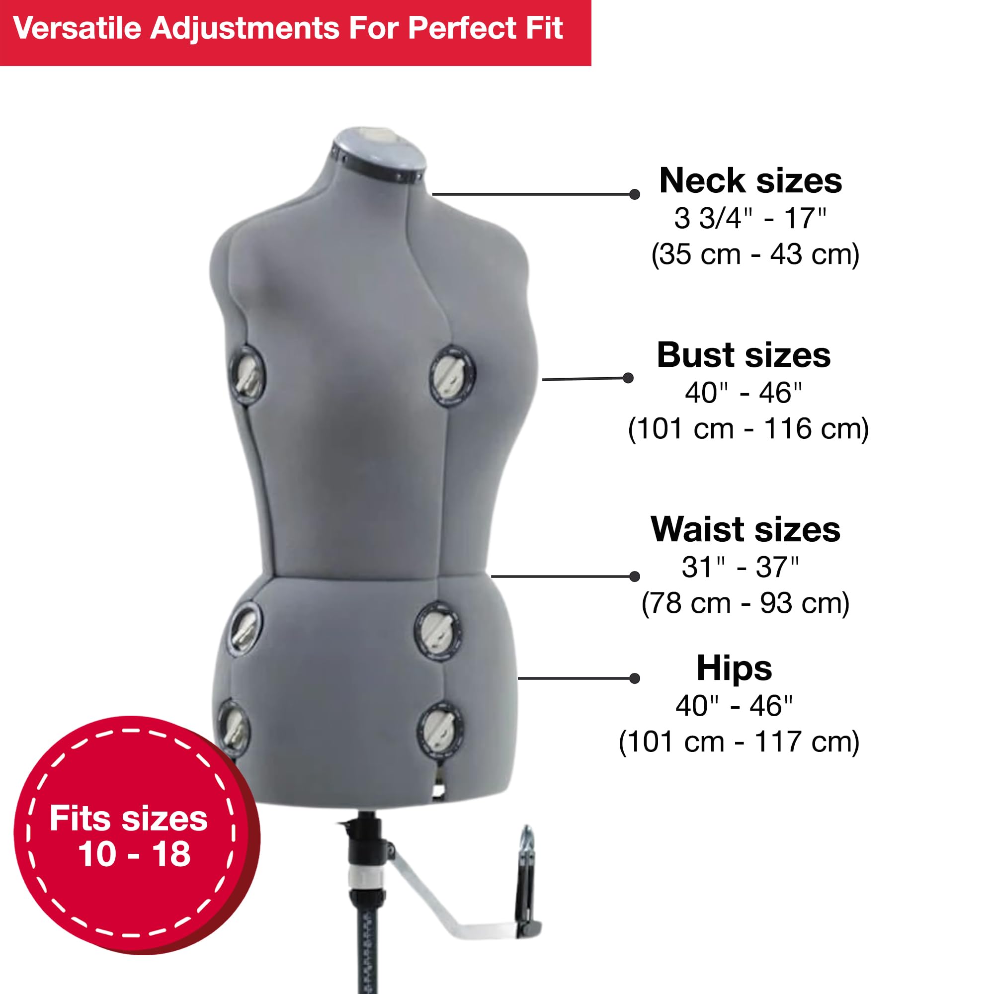 SINGER Adjustable Dress Form Mannequin for Women - Size 10-18, Gray Pinnable Body Torso with 360° Hem Guide, Foam-Backed Fabric, 12 Dials & Tripod Stand | Perfect for Tailoring, Fashion Design, Sewing Projects & Dressmaking