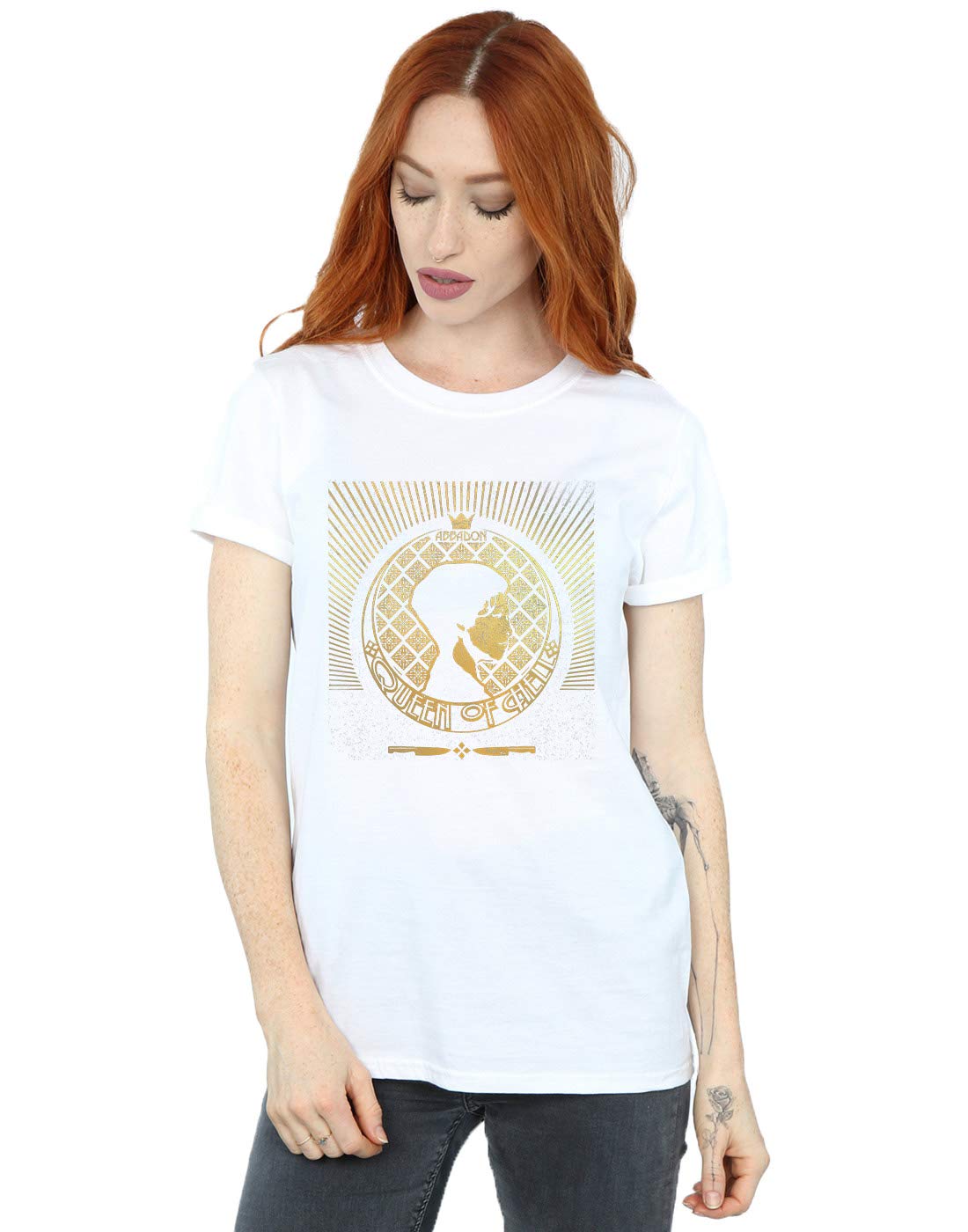 Supernatural Women's Abbadon Crest Boyfriend Fit T-Shirt - White, Medium | Casual Graphic Tee for Fans, Comfortable Cotton Shirt for Everyday Wear, TV Show Merchandise Gift