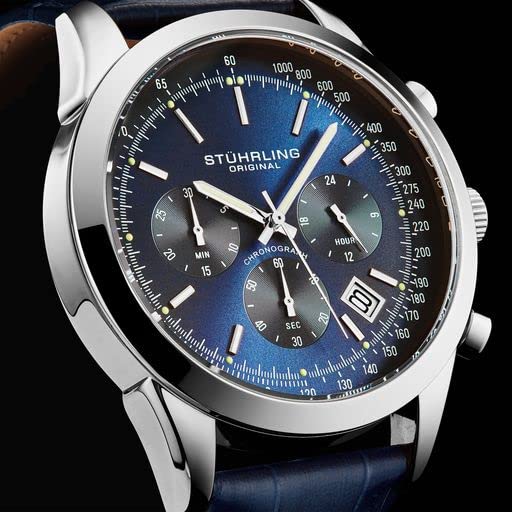 Stuhrling Original Men's Chronograph Watch - Blue Analog Dial with Date, Tachymeter & 24-Hour Subdial - Genuine Leather Strap - Rialto Collection - Perfect for Business, Casual & Formal Occasions
