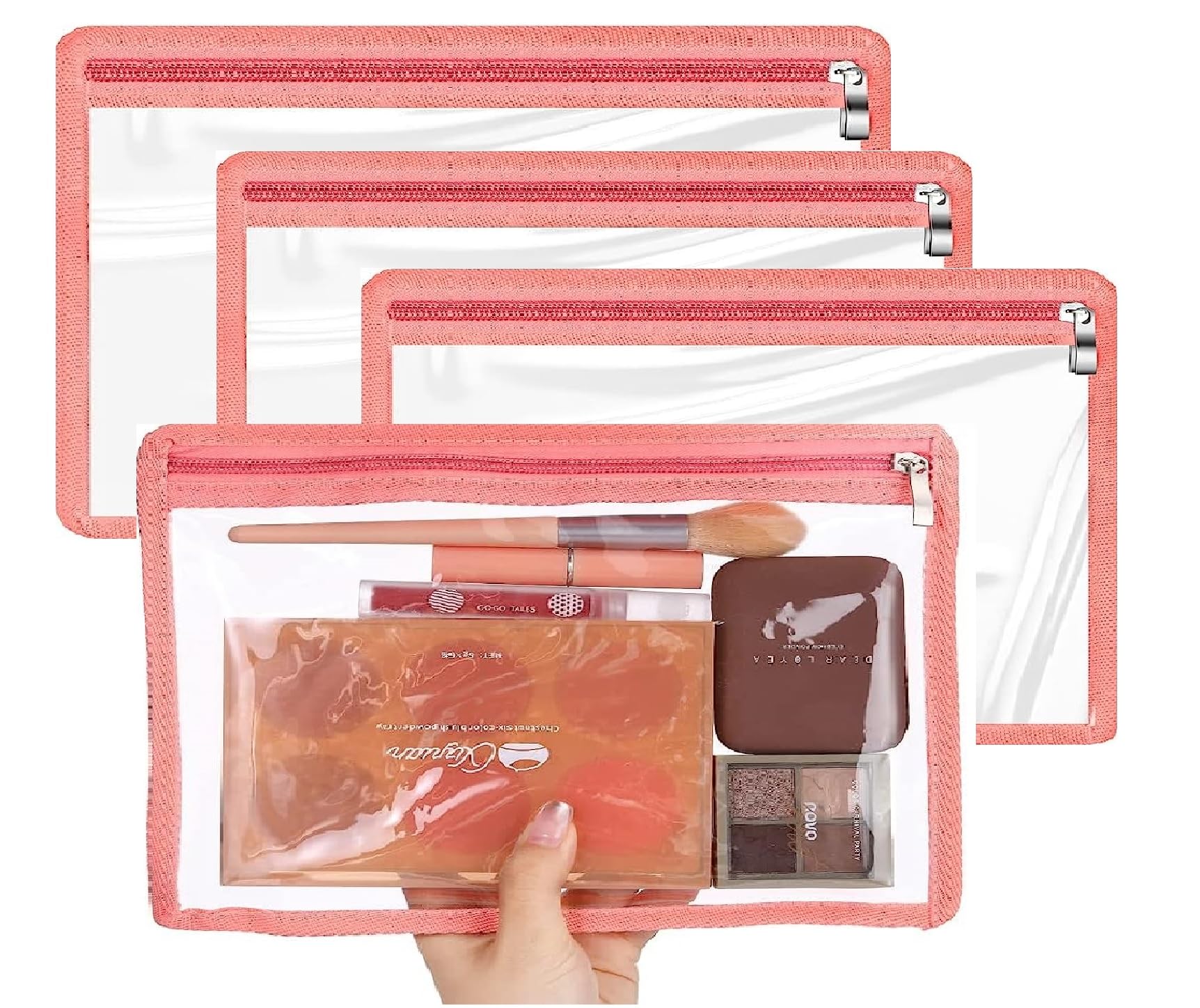 FRENYEAR Clear PVC Makeup Bag with Zipper - Travel Cosmetic Organizer Pouch (Black Border & Pink) for Toiletries, Makeup Brushes & Travel Essentials | Perfect for Gym, Vacation & Daily Use