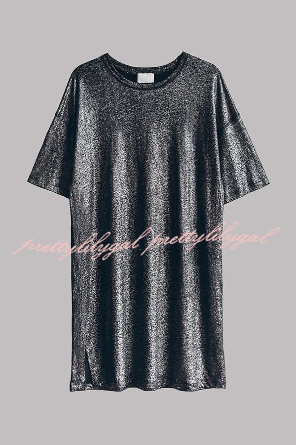 Dark Sparkly Relaxed Slit T-Shirt Mini Dress for Women | Party, Club & Night Out Outfits