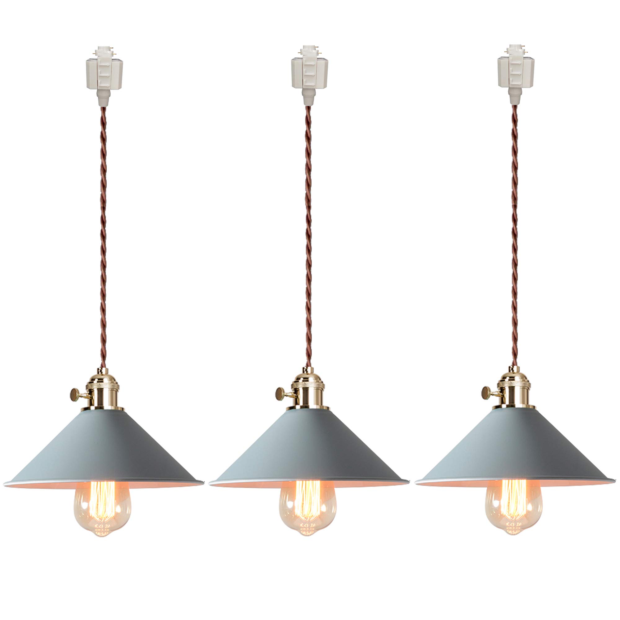 3-Light Halo Track Macaron Pendant Lighting Set - Industrial Grey E26 Hanging Lamp with Dimmable Twist Switch & 5ft Braided Brown Cord - Perfect for Kitchen Island, Dining Room, and Cafe Decor