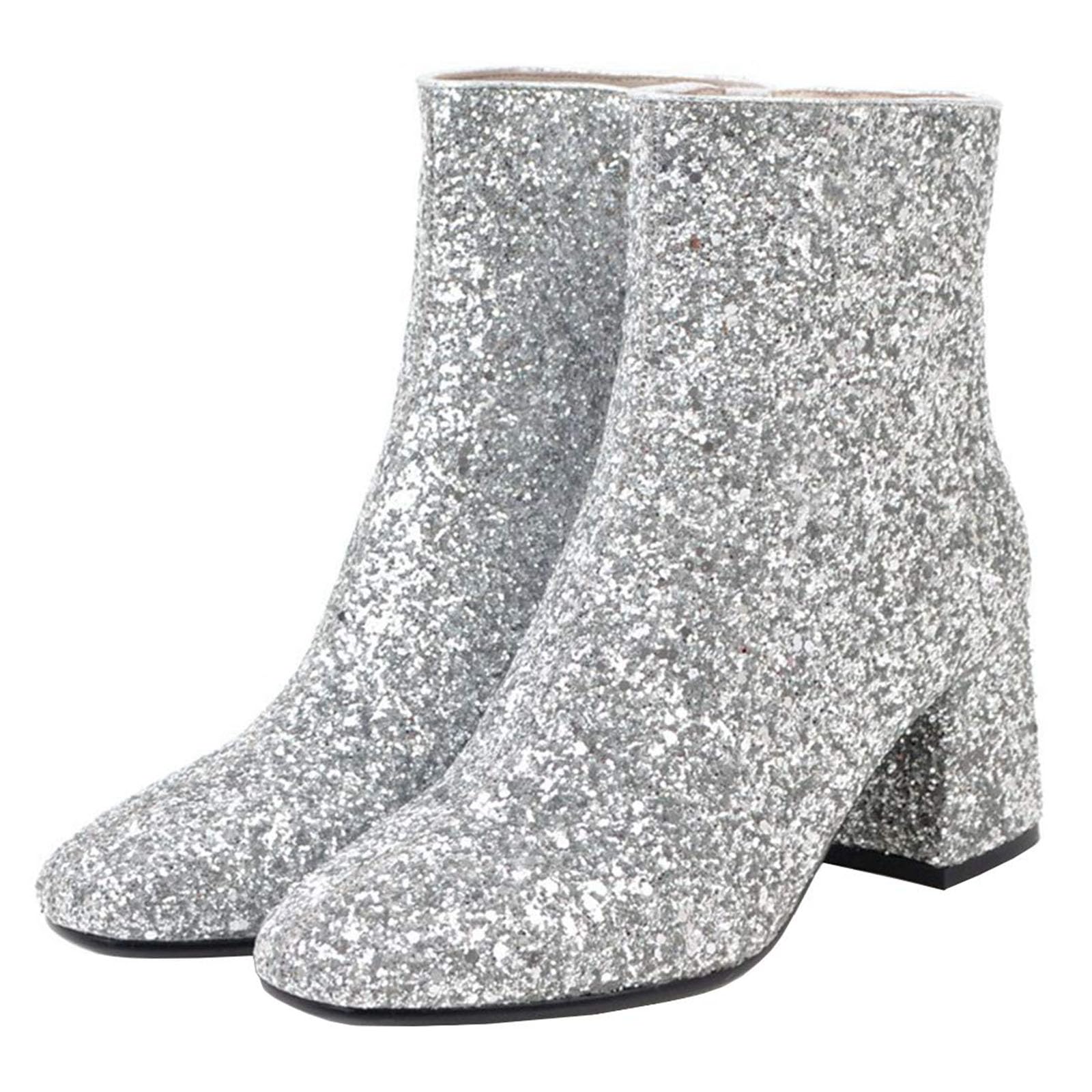Sparkly Women's Sequin Ankle Boots with Chunky Low Heel & Side Zipper - Perfect for Weddings, Parties & Night Out Outfits