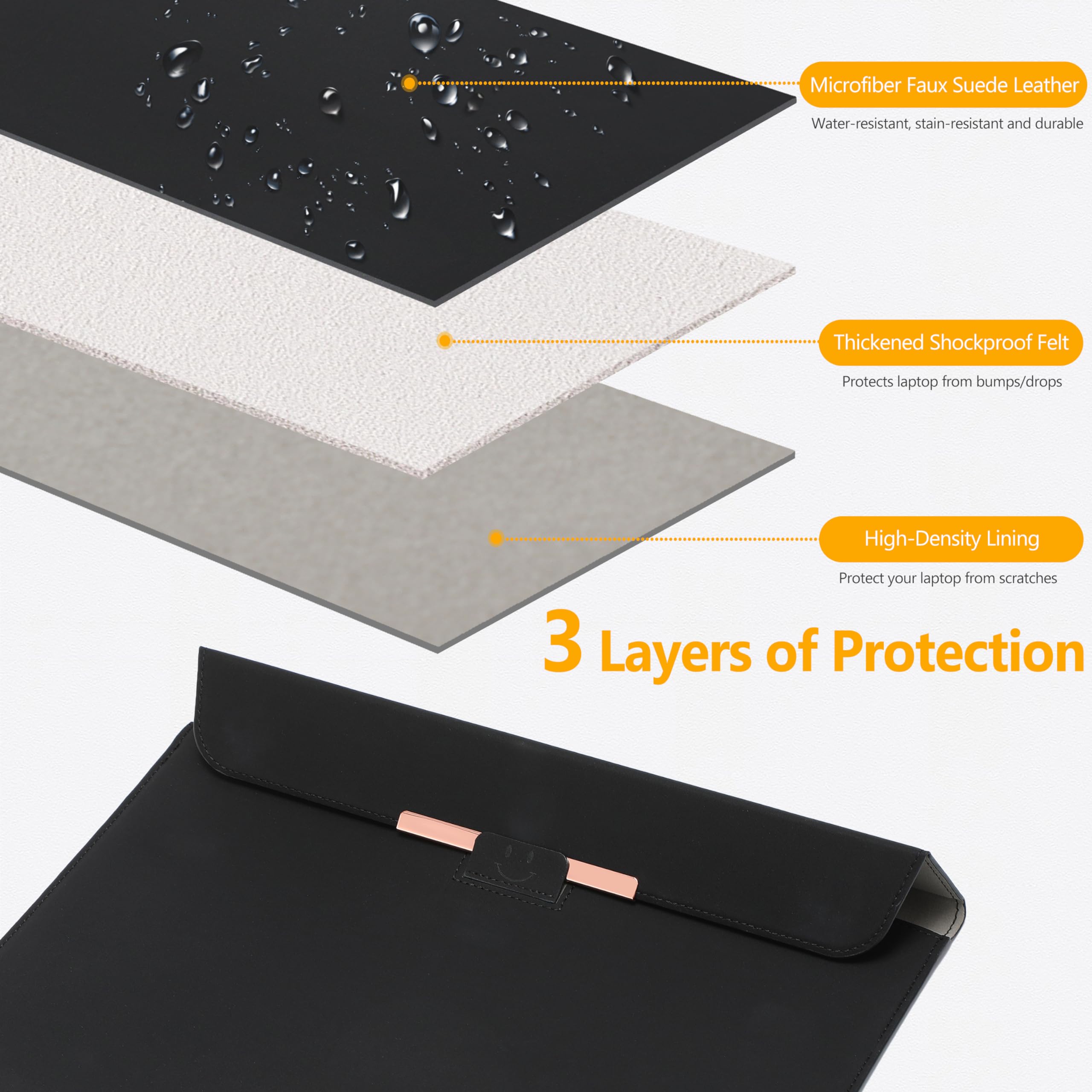 HYZUO 15-16 Inch Laptop Sleeve Case with Stand - Compatible with MacBook Pro 16 M4/M3/M2/M1 Pro/Max (2025-2019), MacBook Pro 15 (2015-2012), Dell XPS 15, Samsung Galaxy Book Flex/Pro 15 - Protective Black Laptop Bag with Smiley Design - Perfect for Work, Travel & School