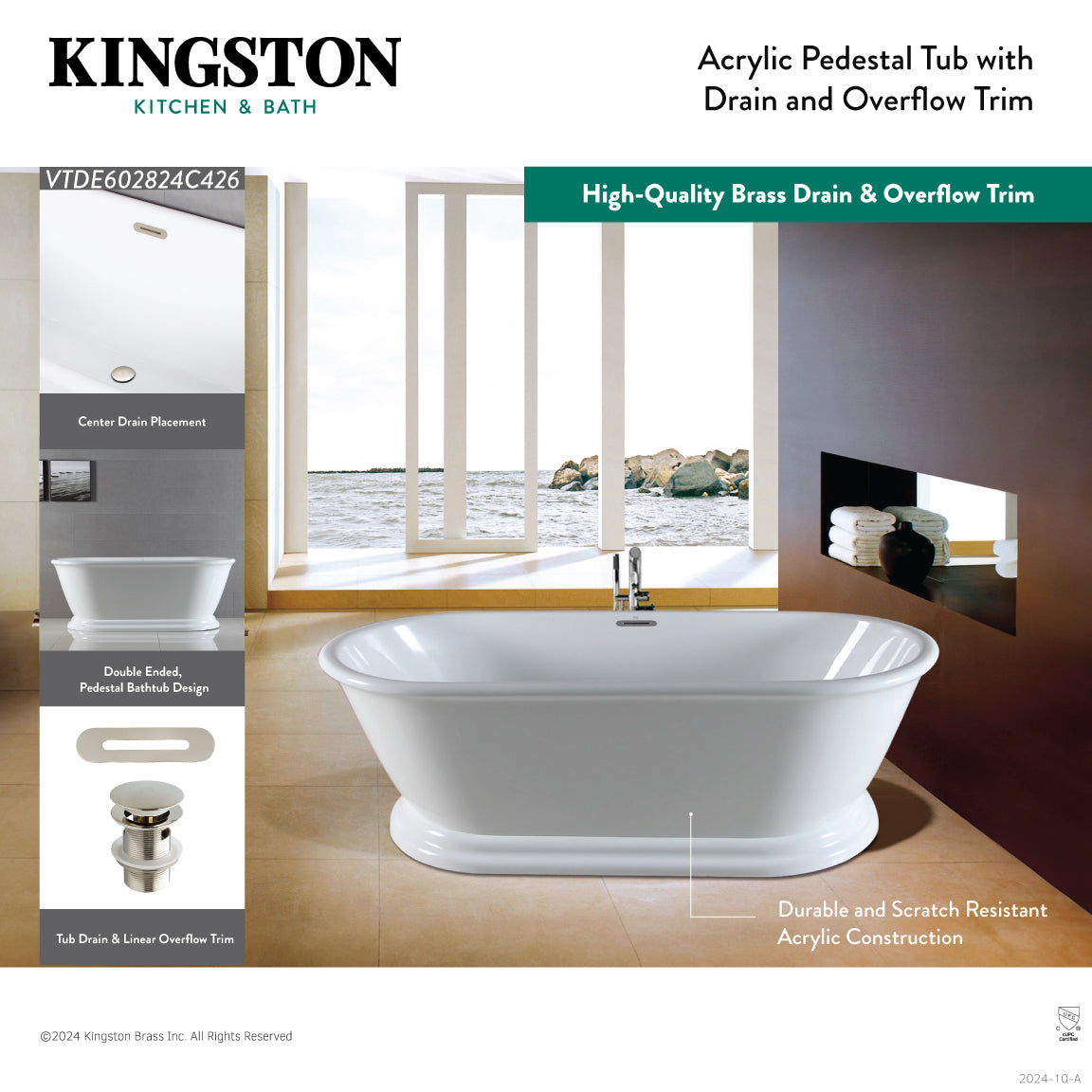 Aqua Eden 60 Inch Acrylic Oval Double-Ended Freestanding Bathtub - Glossy White with Polished Brass Pedestal - No Faucet Drillings - Perfect for Luxury Bathrooms & Spa Retreats