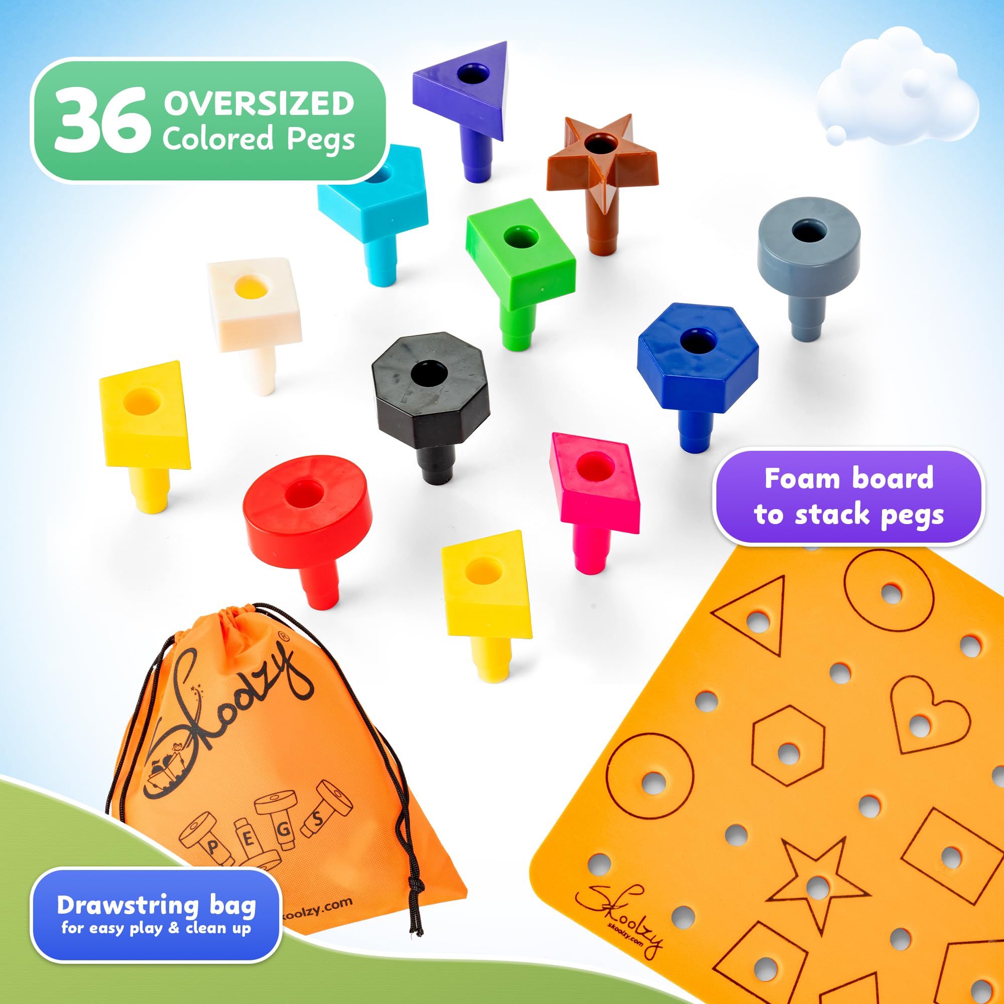 Skoolzy 38-Piece Peg Board Toddler Learning Toys for 2-4 Year Olds | STEM Stacking & Sorting Educational Toys | Autism Sensory Toys | Perfect for Preschool Classroom, Home Daycare & Occupational Therapy Play