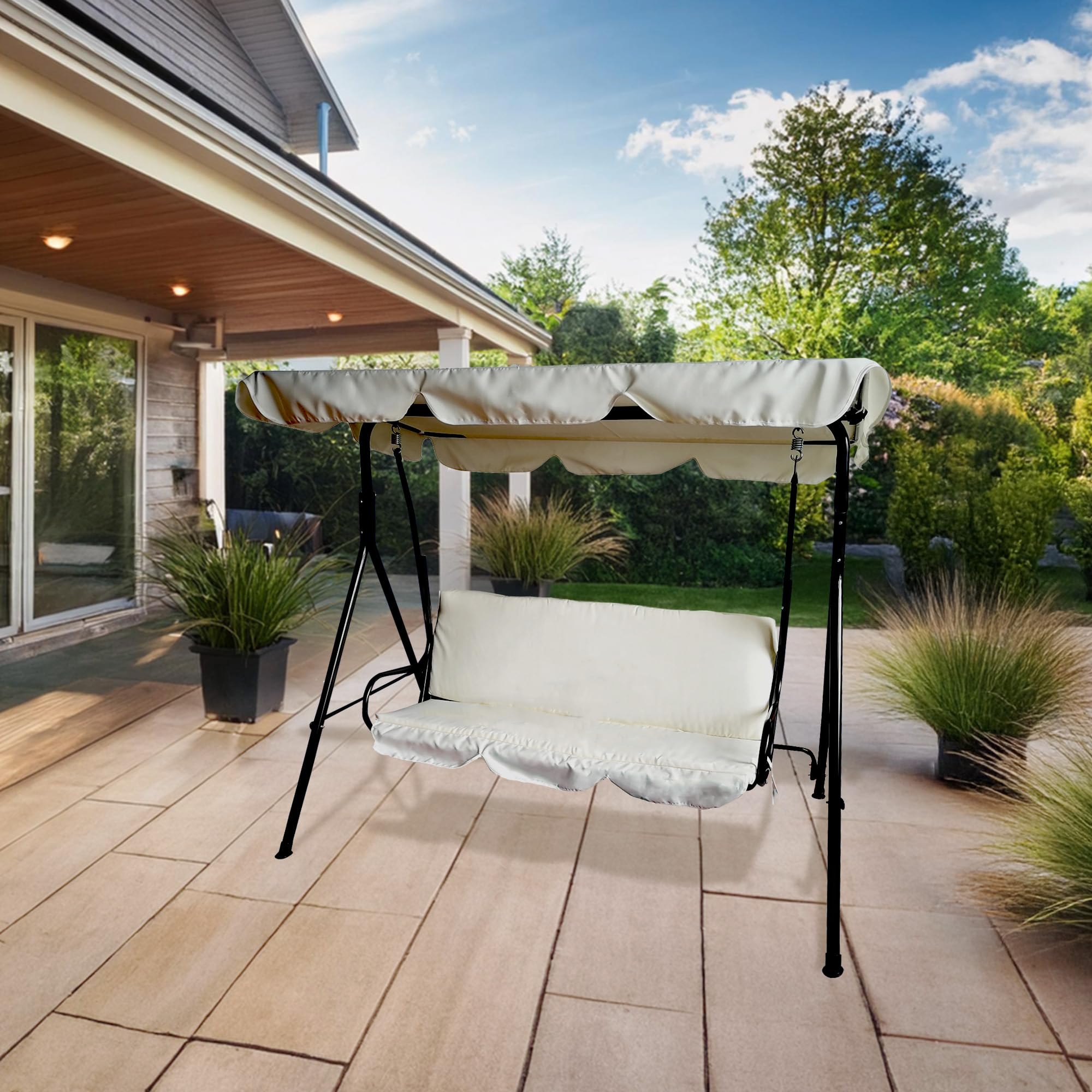 Northlight 3-Seater Outdoor Patio Swing with Adjustable Canopy - Cream | Weather-Resistant Garden Swing for Backyard, Porch or Deck Relaxation