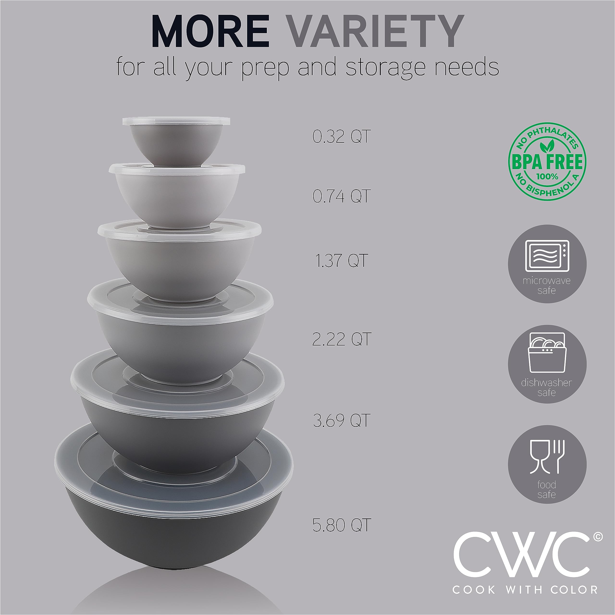 COOK WITH COLOR Plastic Nesting Mixing Bowls Set - 12 Piece Kitchen Prep Bowls with Lids, Microwave & Dishwasher Safe (Gray Ombre) for Baking, Meal Prep & Food Storage