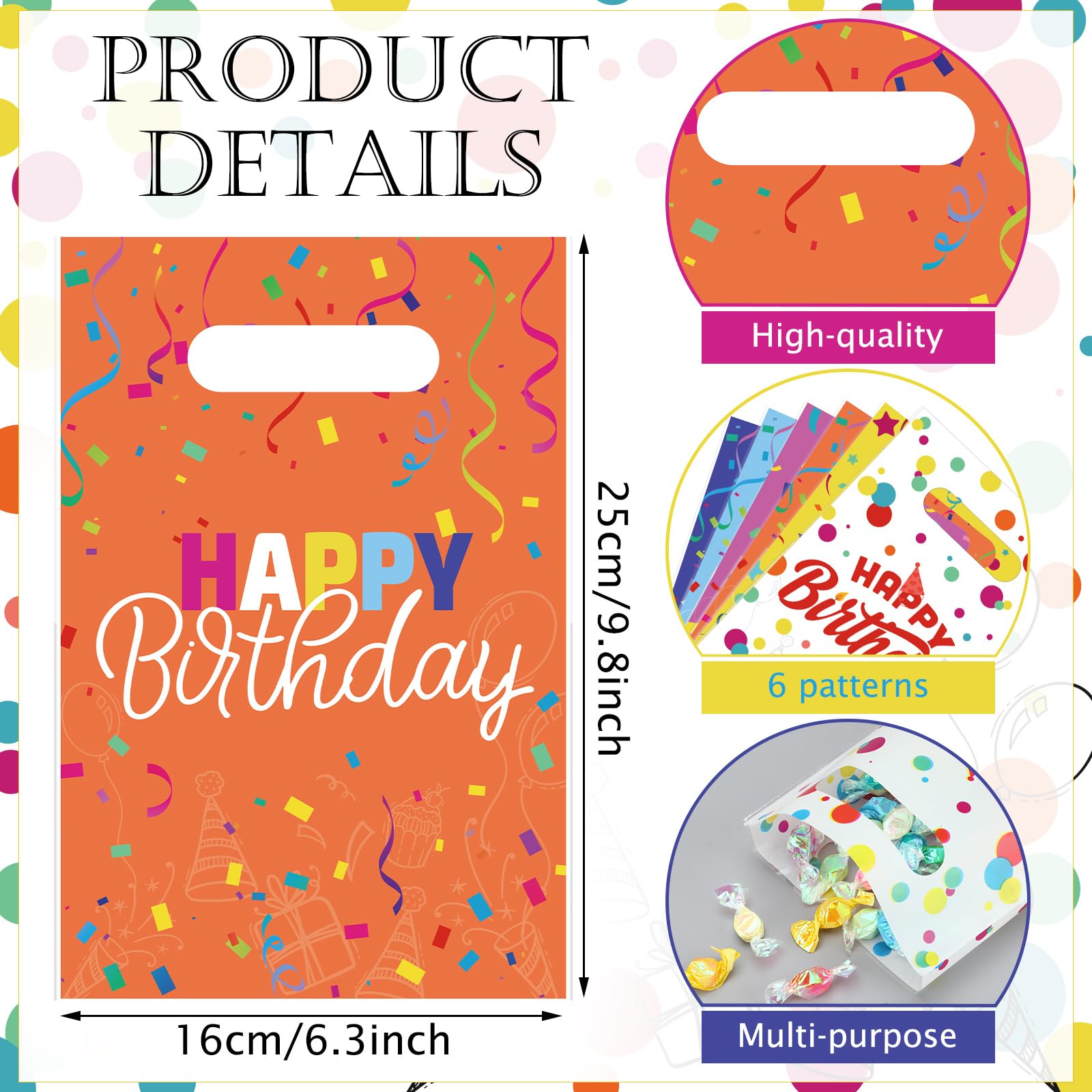 Fulmoon 180-Piece Happy Birthday Party Favor Bags - 6.5x9.8 Inch Plastic Goodie Bags with Handles for Birthday Candy, Baby Shower & Celebration Supplies | Sprinkle Design Treat Bags for Kids Parties, Classroom Rewards & Gift Giving