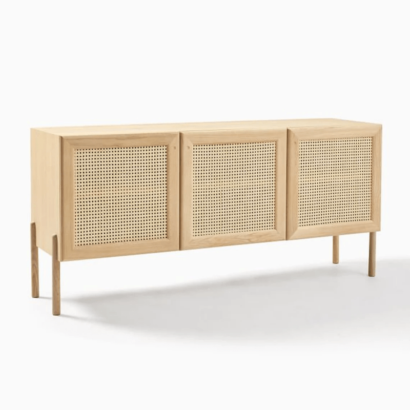 Modern High Sideboard with Woven Rattan Doors | Mid-Century Buffet Cabinet with Cane Weave Design | Perfect for Dining Room Storage & Living Room Organization