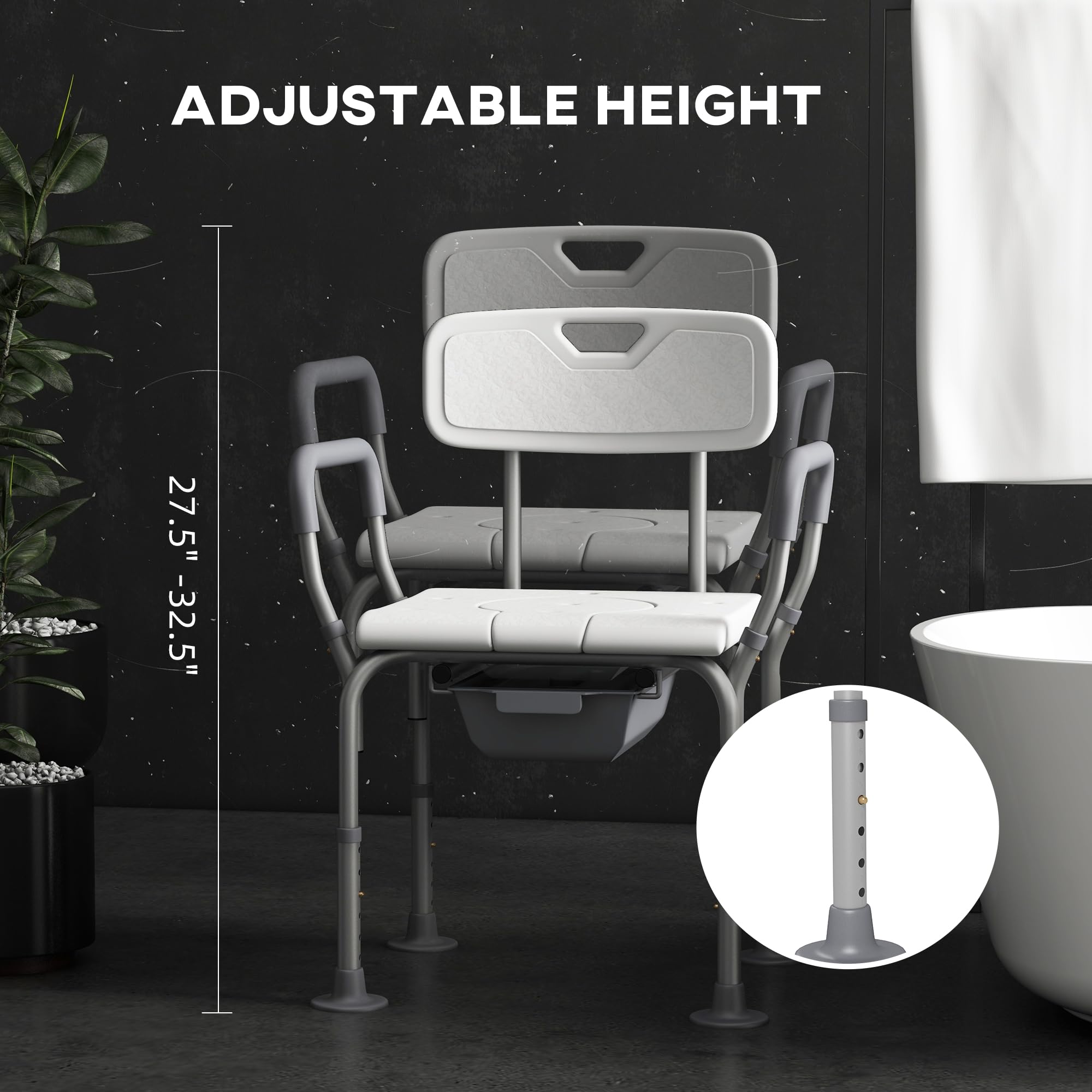 HOMCOM 3-in-1 Adjustable Shower Chair with Backrest & Arms, Bedside Commode & Raised Toilet Seat - Non-Slip Rubber Feet for Elderly & Disabled - Safe Bathroom Mobility Aid for Seniors, Post-Surgery Recovery & Home Care (White)