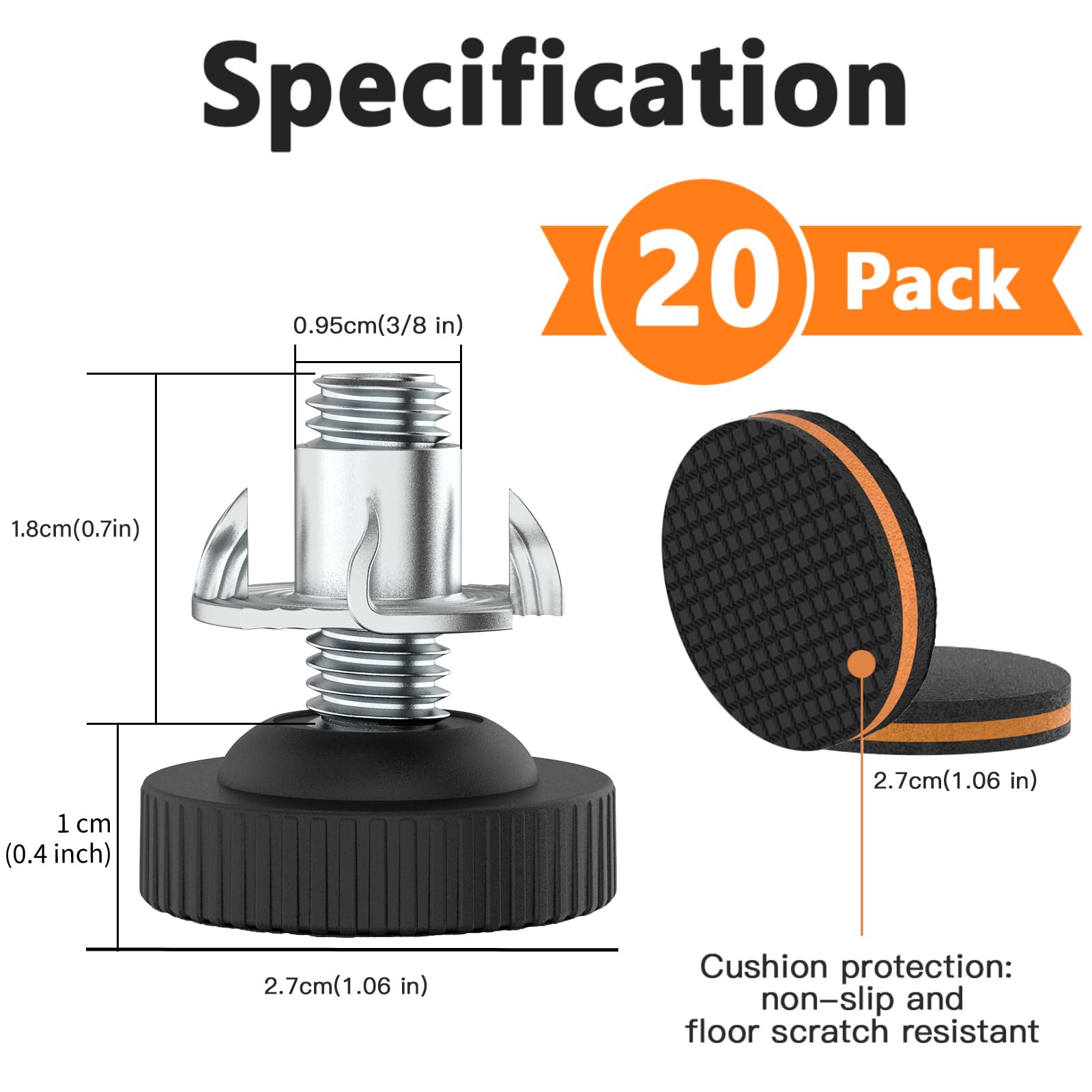 20 Pcs Heavy Duty Adjustable Furniture Levelers with Rubber Pads - 3/8