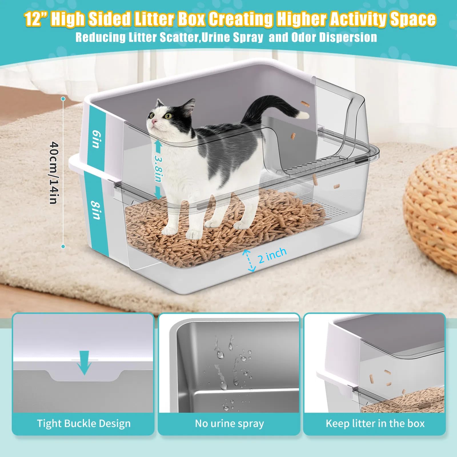 XL Stainless Steel Sifting Cat Litter Box with Sifting Tray & Bottom Pan - High Sided, No Mess, Odor Control, Easy Clean Metal Litter Box with Scoop & 10 Liners - Perfect for Multi-Cat Homes & Odor-Sensitive Spaces