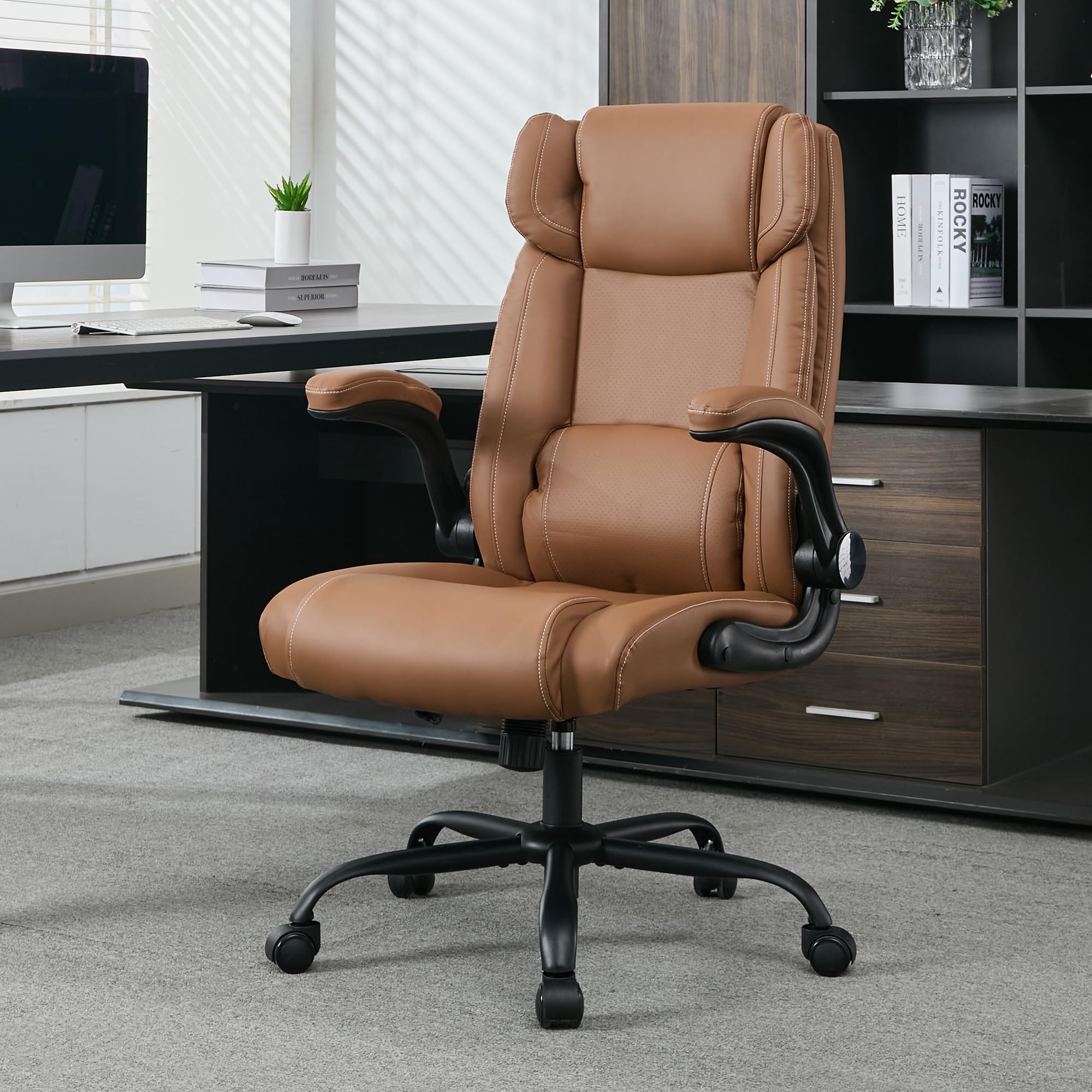 Premium Ergonomic Office Desk Chair - Mid Back Executive Leather Chair with Adjustable Flip-Up Arms & Rocking Function - Comfortable Computer Chair for Home Office, Gaming & Workspaces (Brown)