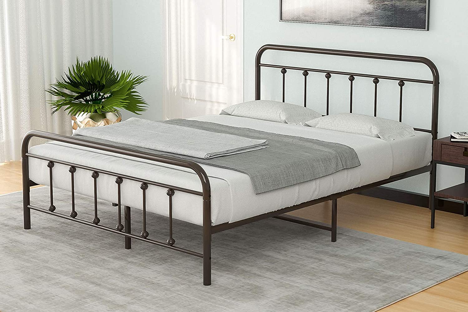Queen Metal Bed Frame with Headboard & Footboard - Sturdy Steel Farmhouse Bedframe, No Box Spring Needed, Under Bed Storage - Perfect for Kids' Rooms, Guest Bedrooms & Small Spaces (Brown)