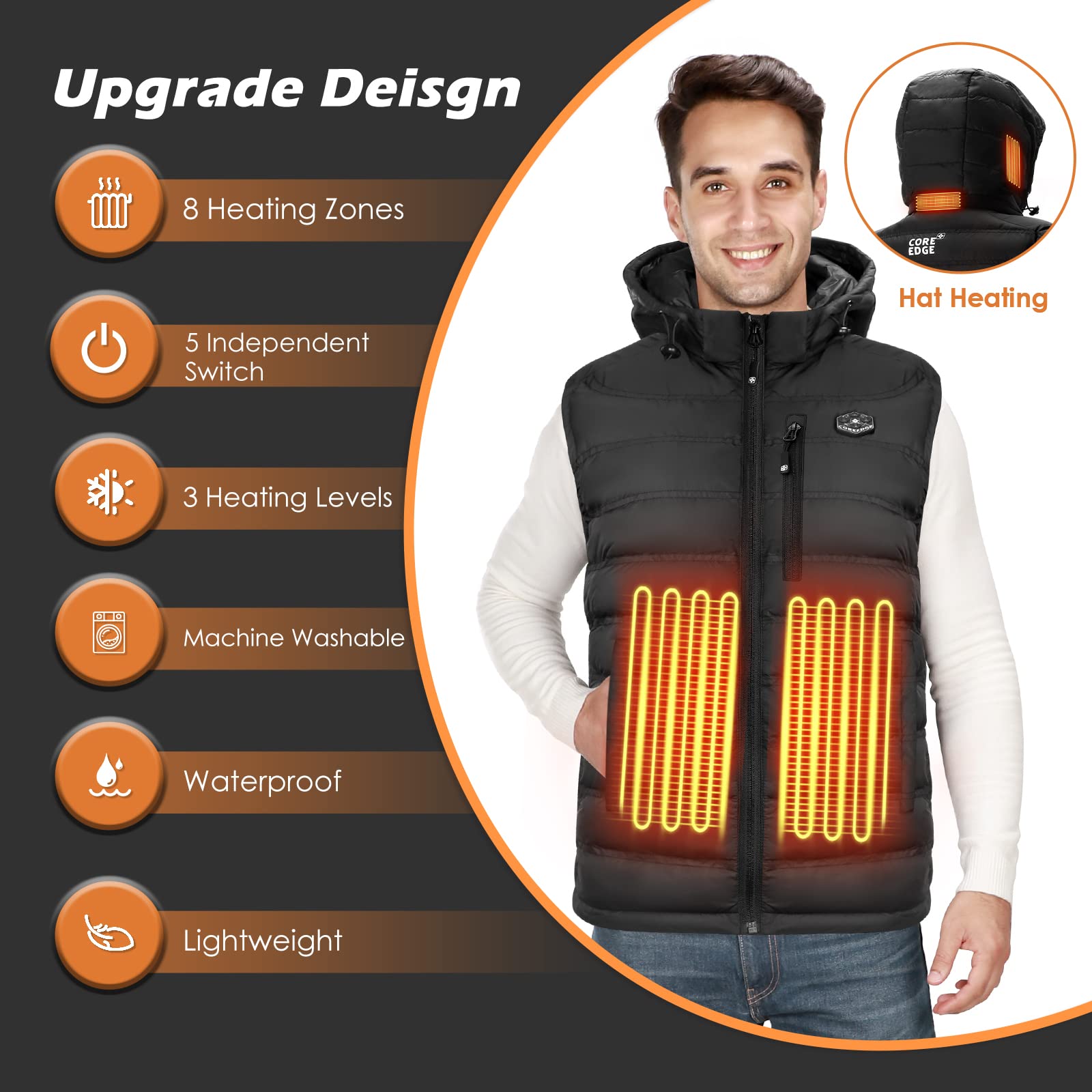 Heated Vest for Men with Detachable Hood & Battery Pack - Electric Warming Jacket for Cold Weather - Perfect for Outdoor Work, Hiking & Winter Sports