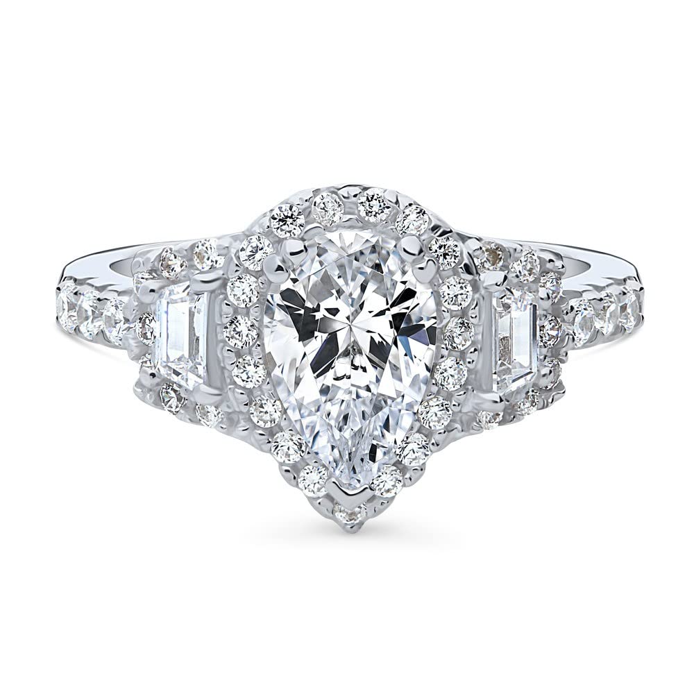 BERRICLE Sterling Silver 3-Stone Pear Cut Cubic Zirconia Engagement Ring for Women - 1.3 Carat CZ Halo Wedding Band, Rhodium Plated, Size 4-10 - Perfect for Proposals, Anniversaries & Bridal Jewelry