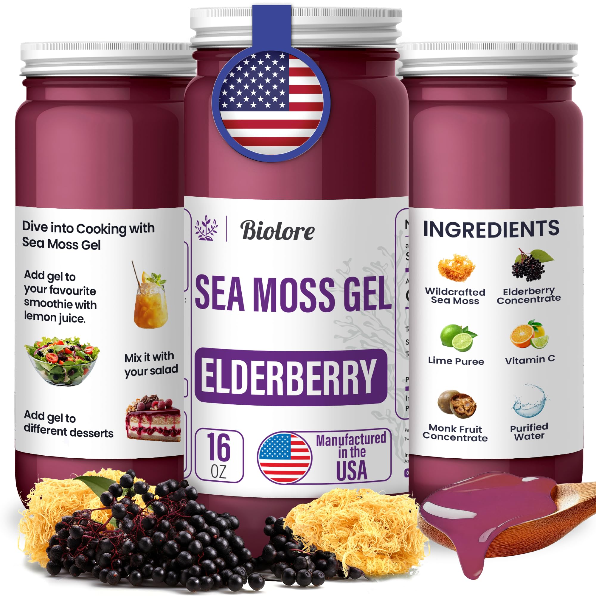 Biolore Sea Moss Gel - Elderberry 16oz | Wildcrafted Irish Seamoss with Essential Vitamins & Minerals | Vegan Superfood Supplement | Made in USA | Supports Immunity & Digestive Health | Perfect for Smoothies & Wellness Routines