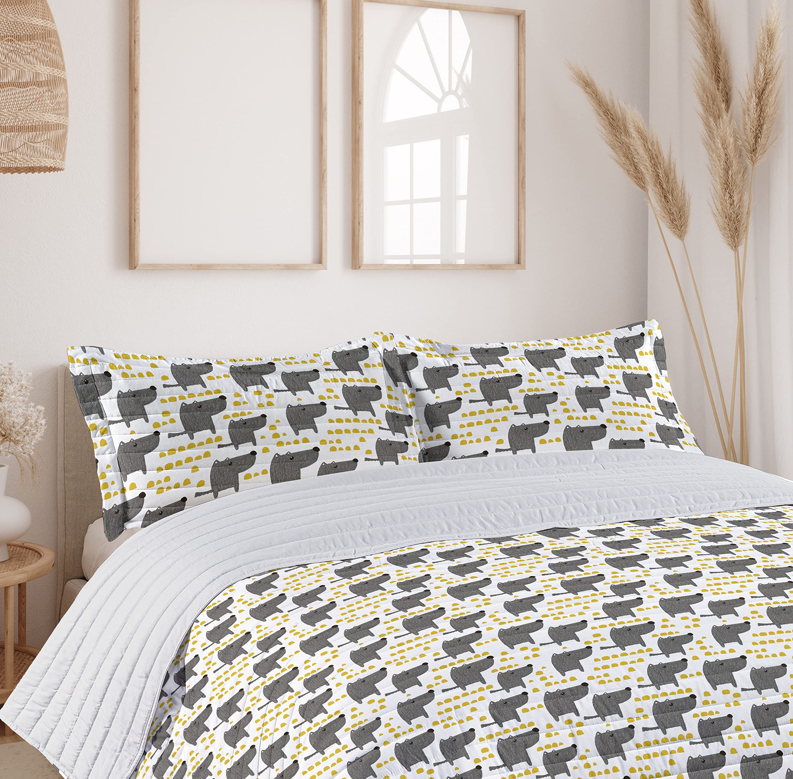 Ambesonne King Size Dog Themed Microfiber Bedspread Set - Abstract Yellow Dots & Grey Cartoon Pet Design with Matching Pillow Shams & Comforter - Soft Bedding for Dog Lovers' Bedroom Decor (Grey Marigold White)