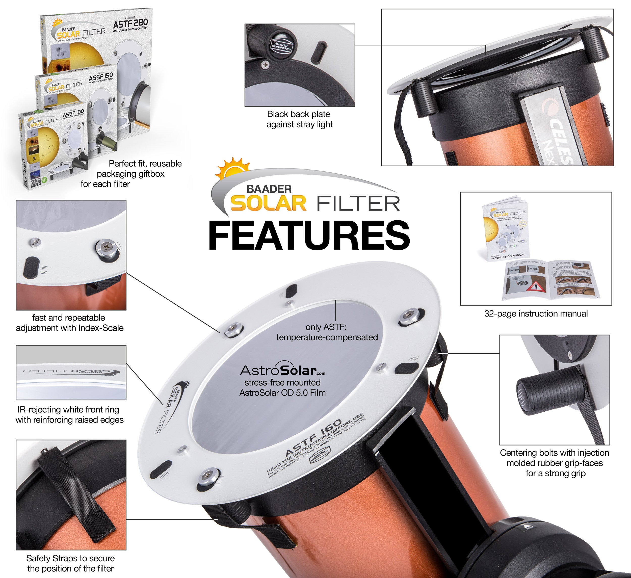 Baader Solar Filter for Spotting Scopes, Telescopes & Camera Lenses - Safe Sun Viewing for Astronomy & Photography