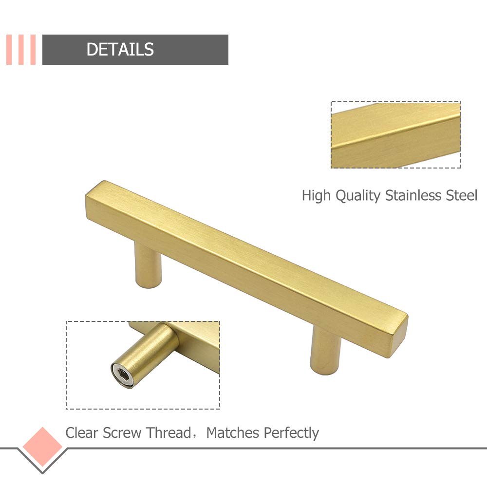 LS1212GD76 Gold Square Cabinet Drawer Pulls - 3 Inch Hole Centers, Stainless Steel Kitchen Cabinet Handles for Closet, Cupboard & Drawers (Pack of 12) - Perfect for Modern Kitchens, Bathrooms & Office Furniture