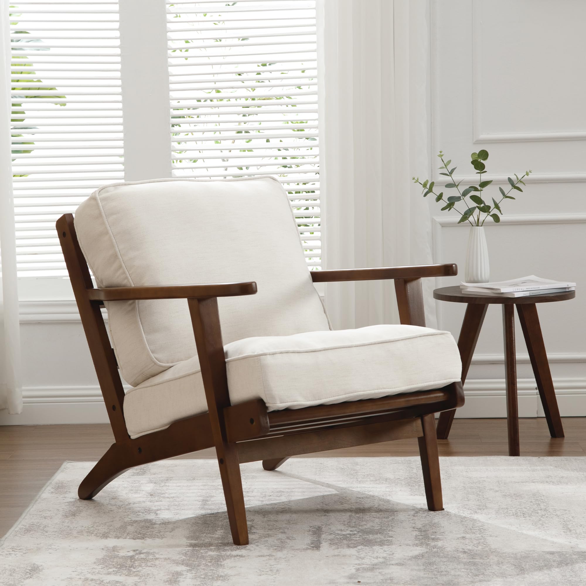 Mid-Century Modern Accent Chairs Set of 2 - Linen Upholstered Living Room Armchairs with Solid Wood Frame (Beige) - Perfect for Bedroom, Reading Nook & Lounge Relaxation