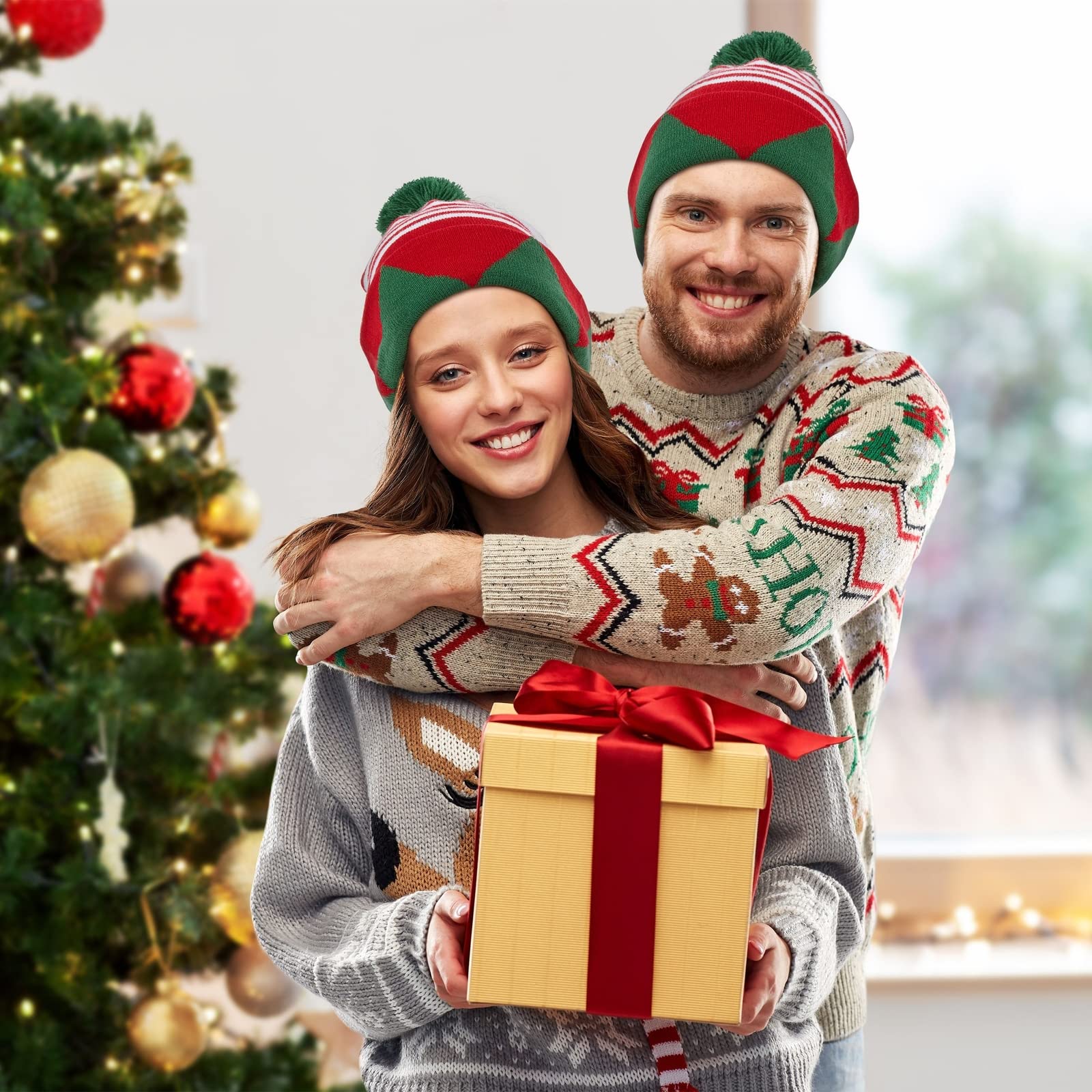 Juvale 2-Pack Christmas Elf Hats for Adults - Striped Knit Beanie with Green Pom Poms (95% Acrylic 5% Spandex) - Festive Holiday Party Accessories for Xmas Photos & Ugly Sweater Contests