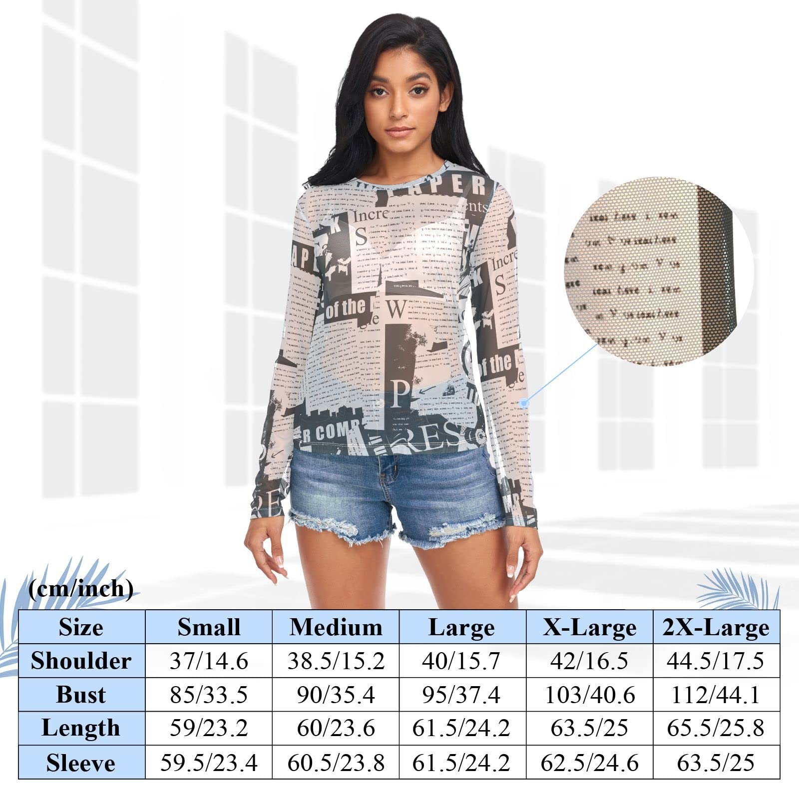 Women's Long Sleeve Sheer Mesh Top - Sexy See-Through Blouse in Black & White Newspaper Print | Perfect for Night Out, Date Night & Party Wear