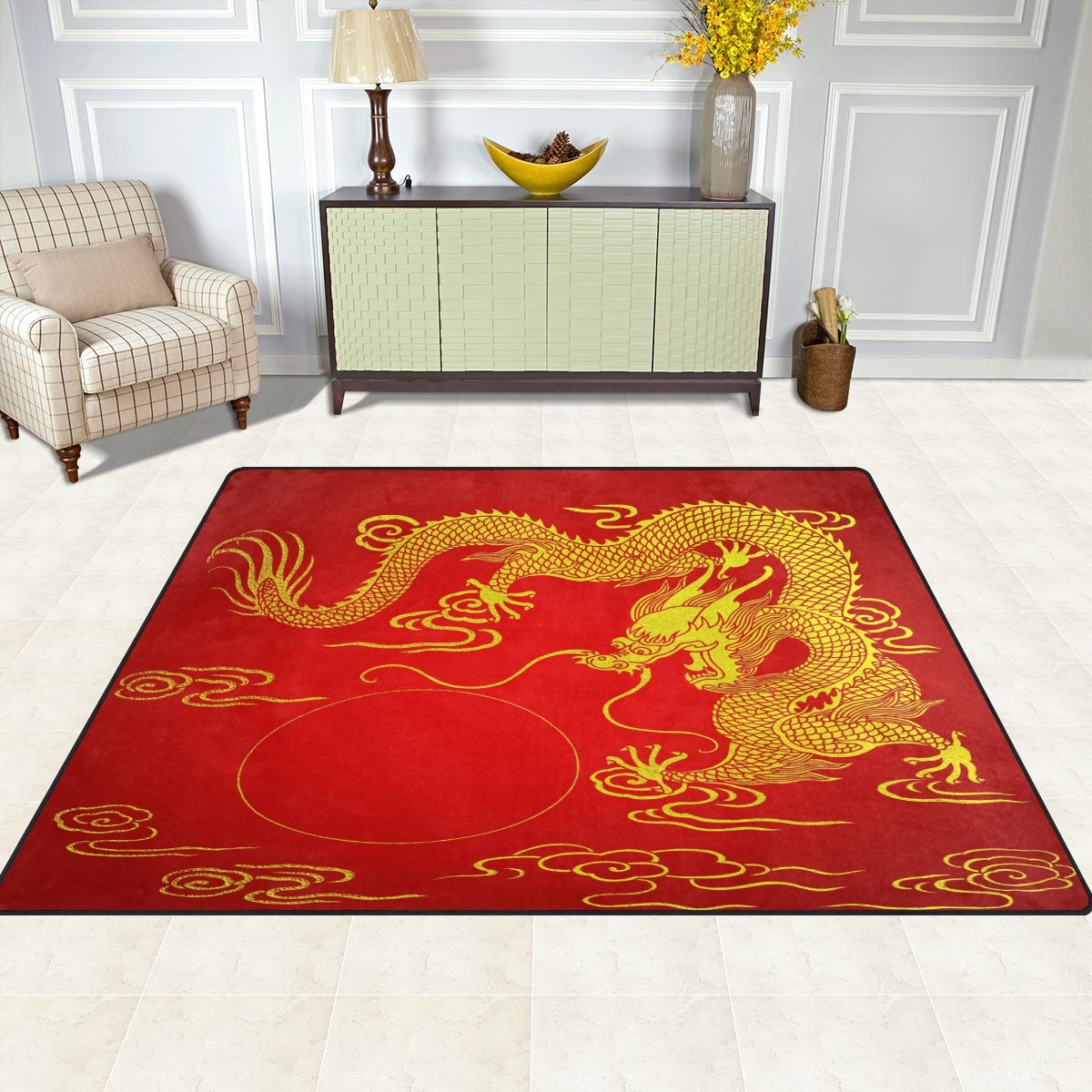 ALAZA Chinese Dragon Gold Red Area Rug - 7' x 5' Oriental Floor Carpet for Living Room, Bedroom, Dining Room | Perfect for Home Decor, Feng Shui, and Asian-Themed Interiors