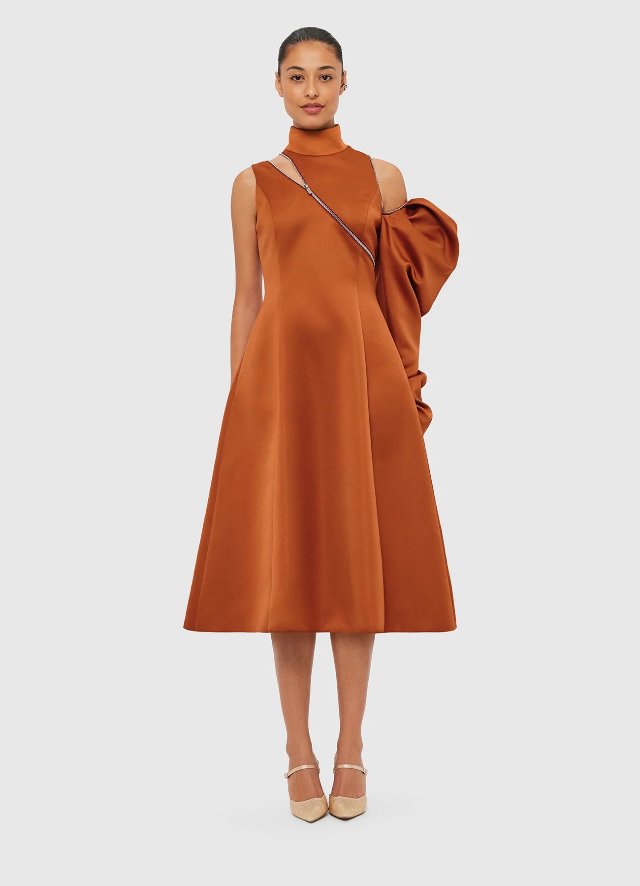 Annalise One Shoulder Midi Dress in Toffee - Elegant Women's Party Cocktail Dress for Weddings, Date Nights & Special Occasions